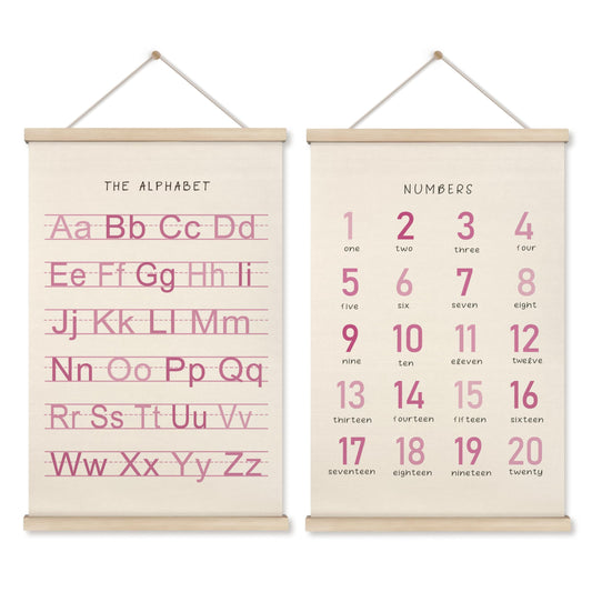 HRQKO Alphabet Numbers Poster Hanger Frame Set of 2, Pink Girls Nursery Wall Decor, ABC Poster Wall Art with Wooden Frames, Pink Alphabet Banner Wall Hanging Decor for Toddler Playroom, 16x24 inch