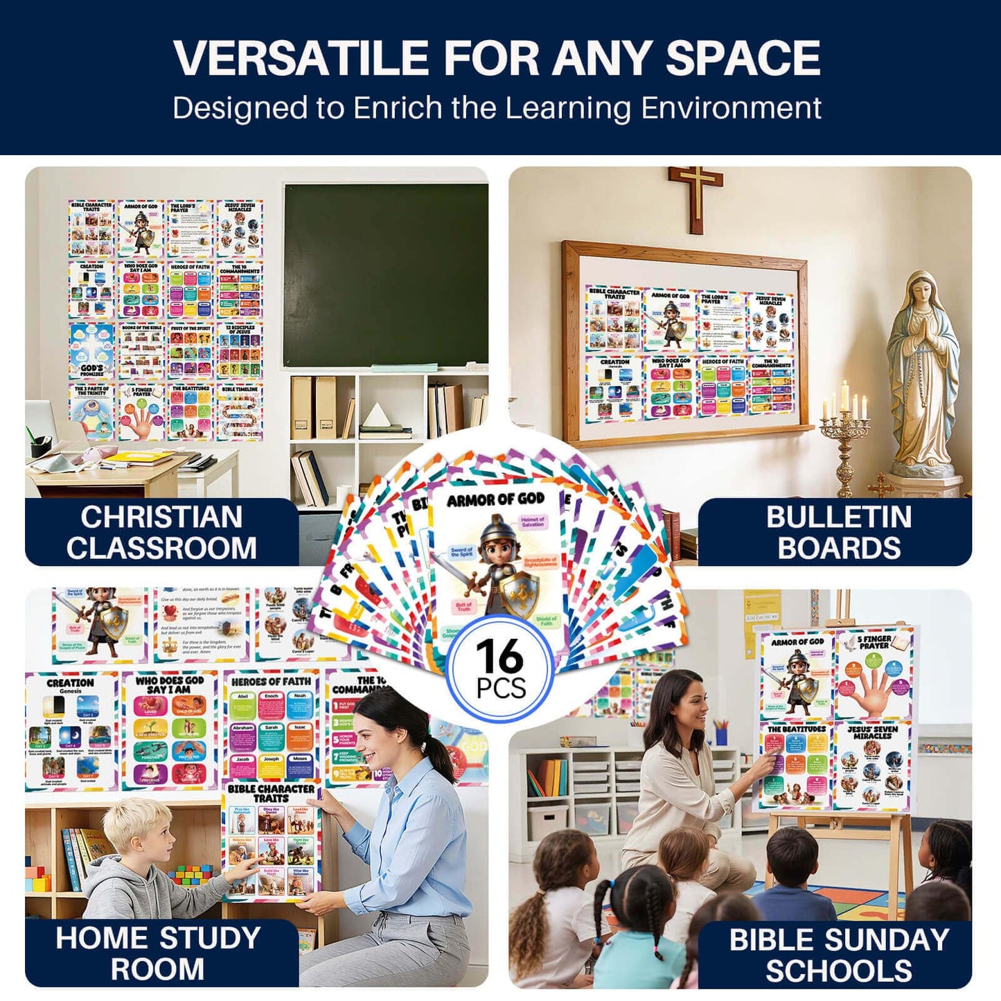 16pcs Bible Posters for Kids, 11x14in Sunday School Decorations for Classroom, Laminated Christian Wall Art with Glue Dots, Waterproof Books of the Bible Scripture Educational Prints for Homeschool