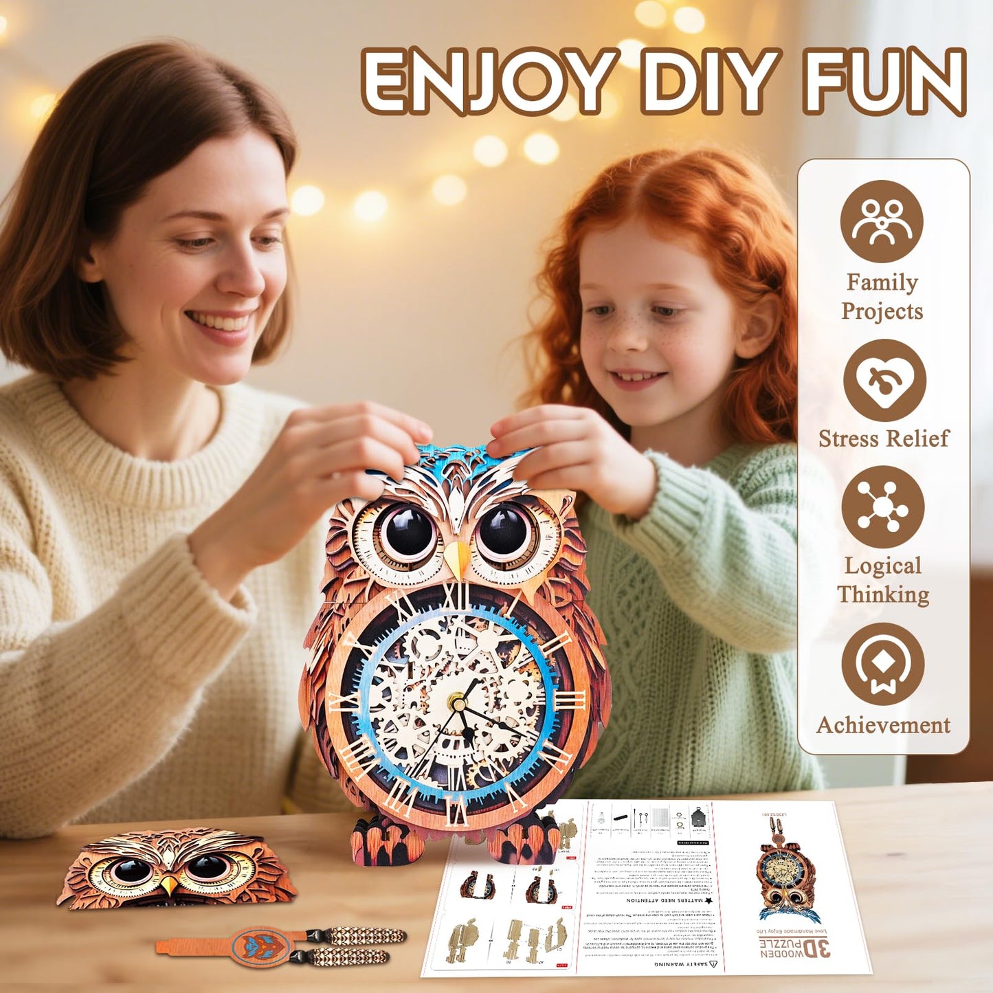 Cutywood 3D Puzzle for Adults-Wooden Owl Clock for Room Decoration, DIY Build Mechanical Wall Clock with Roman Numerals, Personalized Gift for DIY Lovers