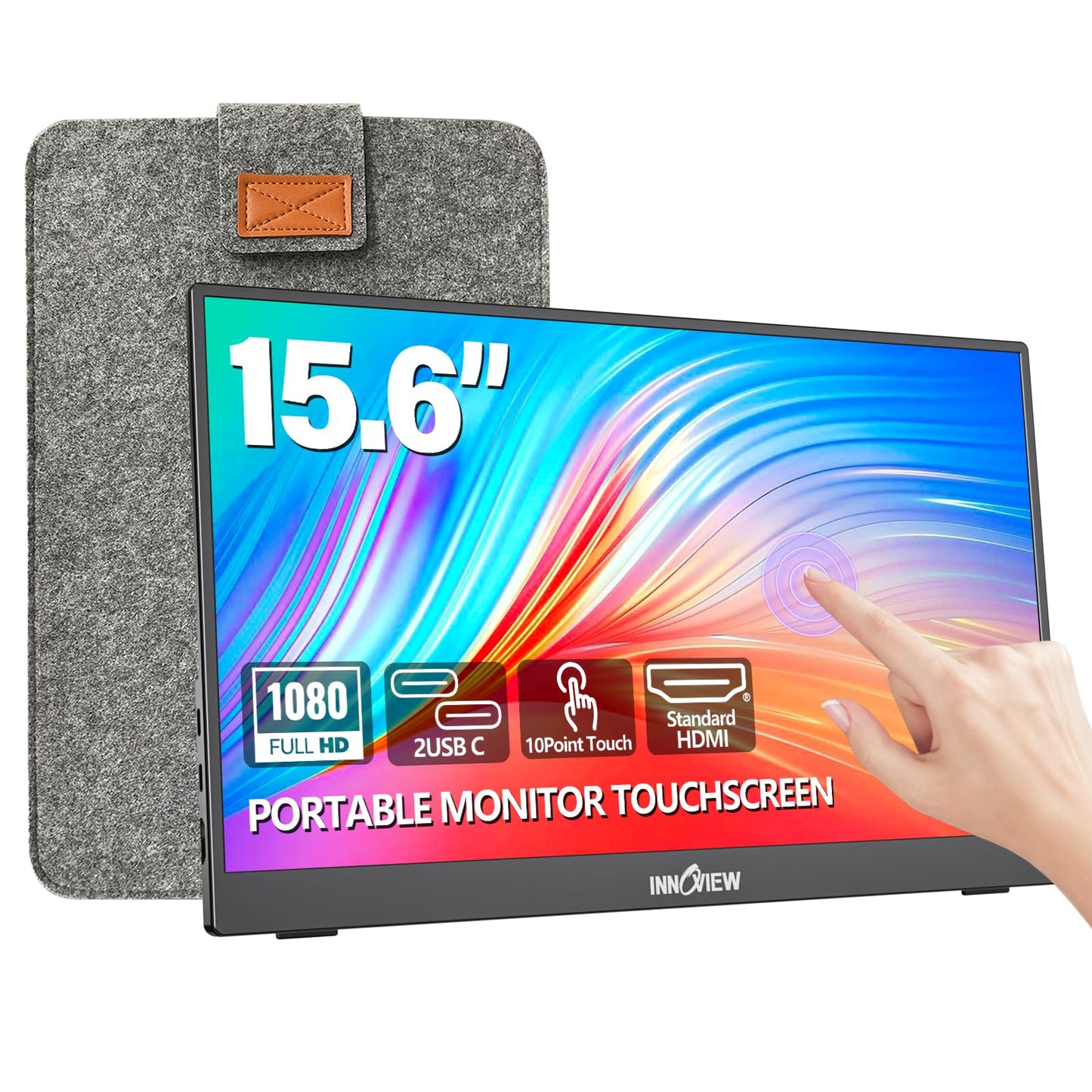 InnoView 15.6" Portable Monitor 60Hz Touchscreen 1080P 10-Point Touch Screen Monitor Portable with Protective Sleeve Built-in Stand, 1200:1 HDMI USB C Travel Monitors for Laptop, PC, Phone