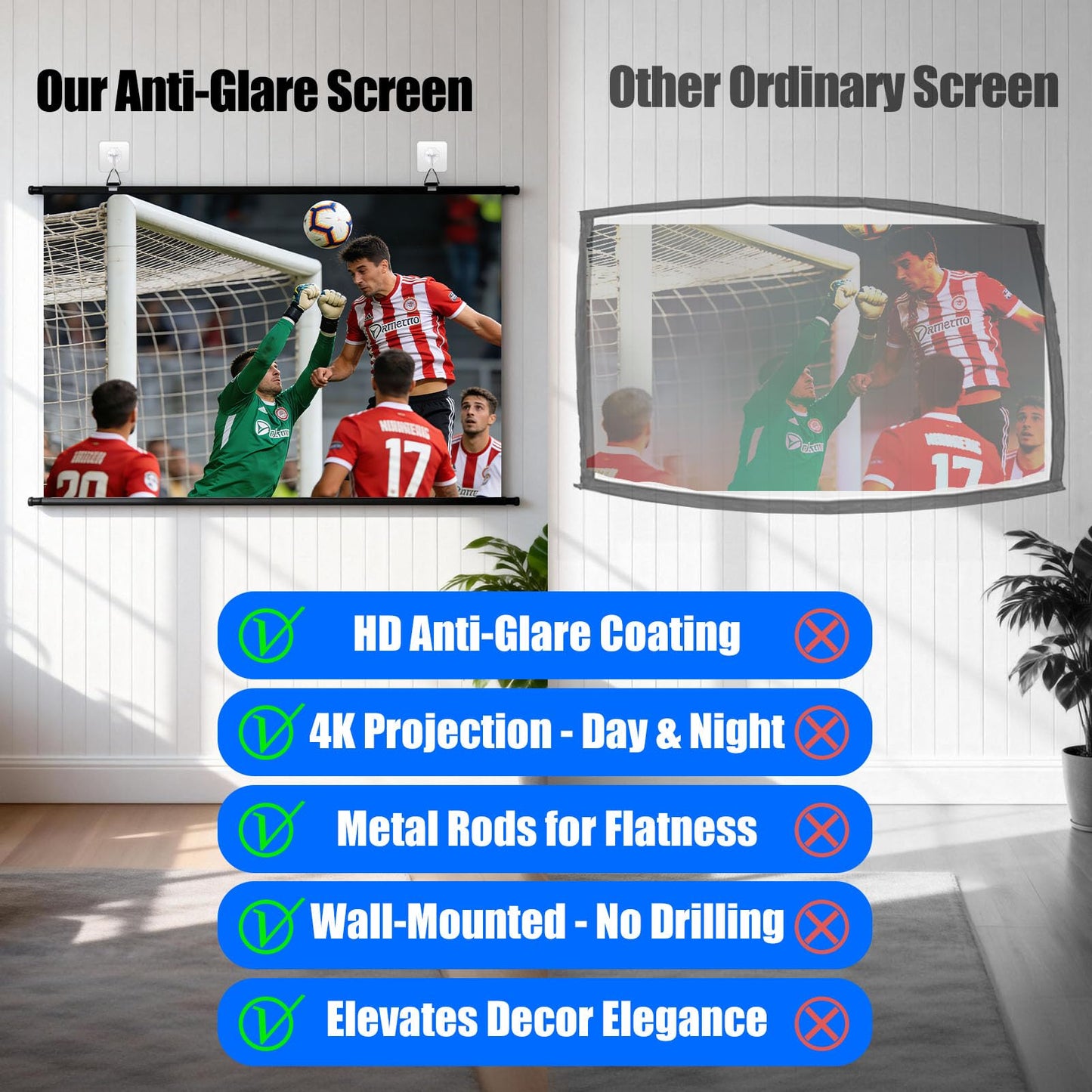 110 inch Projector Screen, XIAOHUI Portable Movie Projector Screen for Outdoor Indoor with 3 pcs Adhesive Hook, 4K Hanging Projection Screen for World Cup Room Wall, Anti-Glare, 16:9 HD