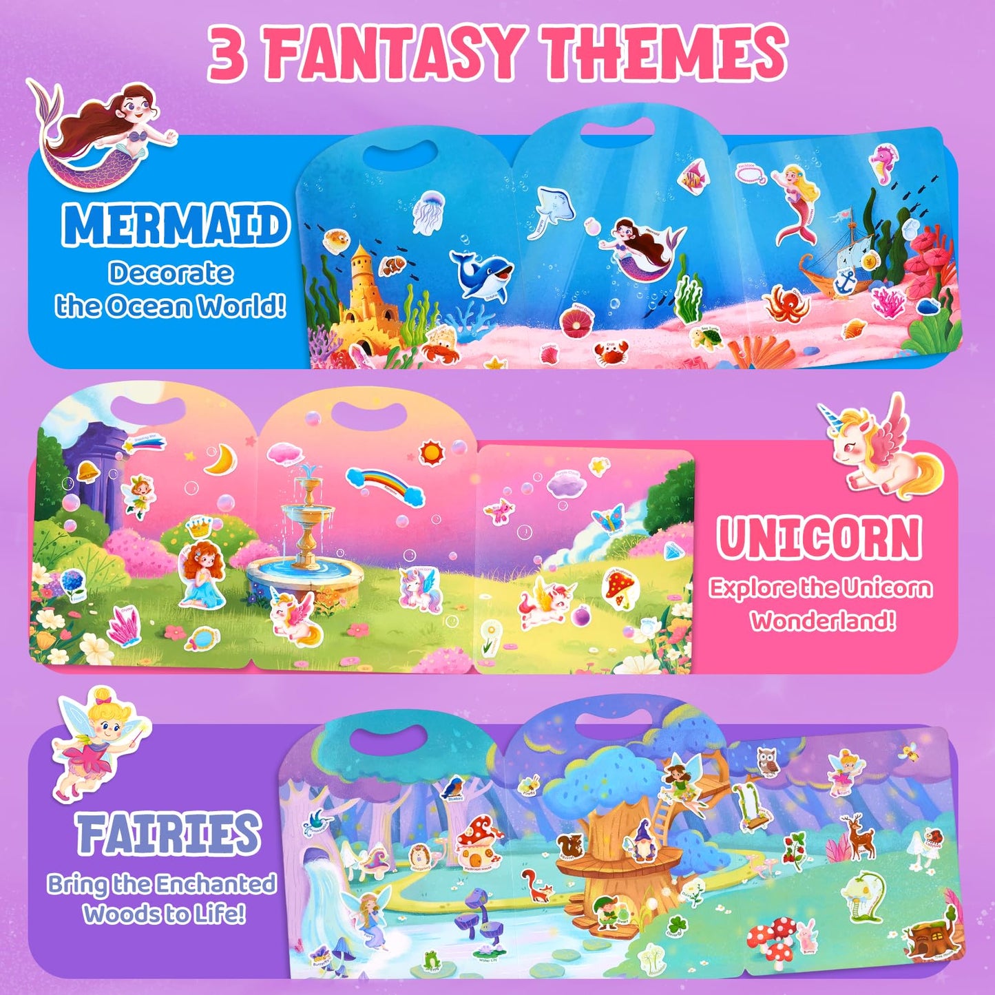JoyCat Reusable Sticker Book Set (3-Pack): Unicorn, Fairies, Mermaid - 90 Pcs Stickers for Toddlers, Kids Sticker Activity Book, Road Trip Travel Toys, Party Favors, Birthday Gifts for Baby Girls