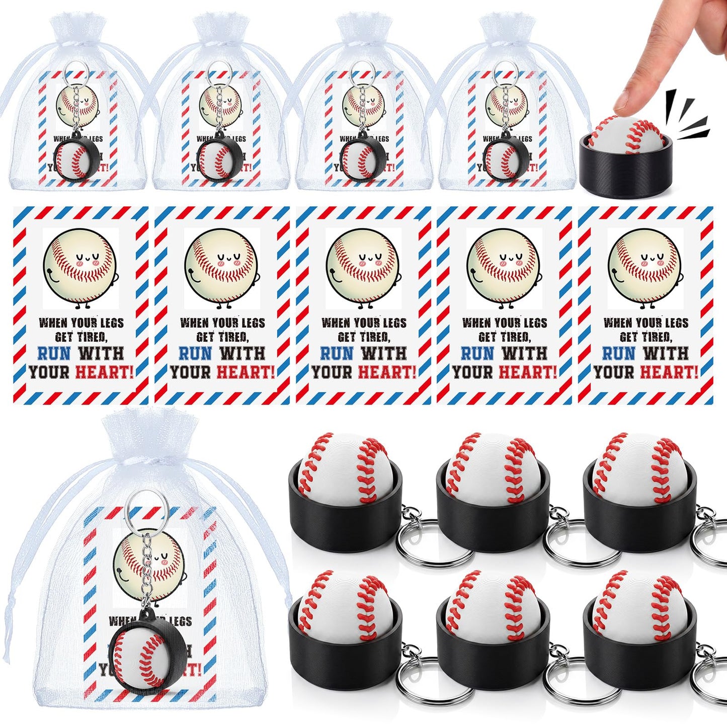Junkin 12 Set Baseball Fidget Clicker Keychain Gifts 3D Printed Baseball Sensory Clicker Keychain with Inspirational Cards Anxiety and Stress Relief for Graduation Sports Team Adults Party Decorations