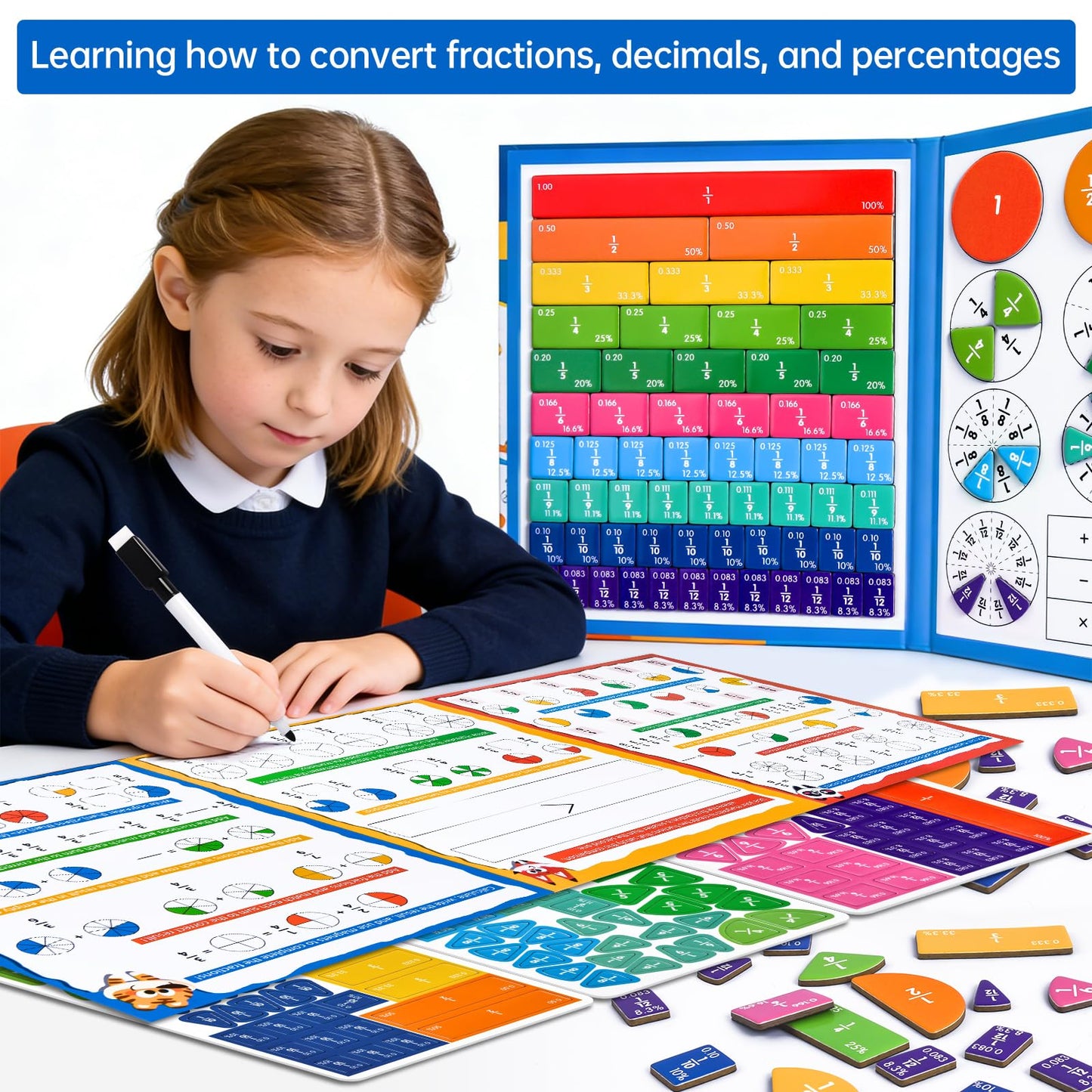 Magnetic Fraction Tiles & Circles Montessori Set for Elementary Kids - Hands-On Math Manipulatives with Activity Book - Learn Fractions, Decimals, Percentages