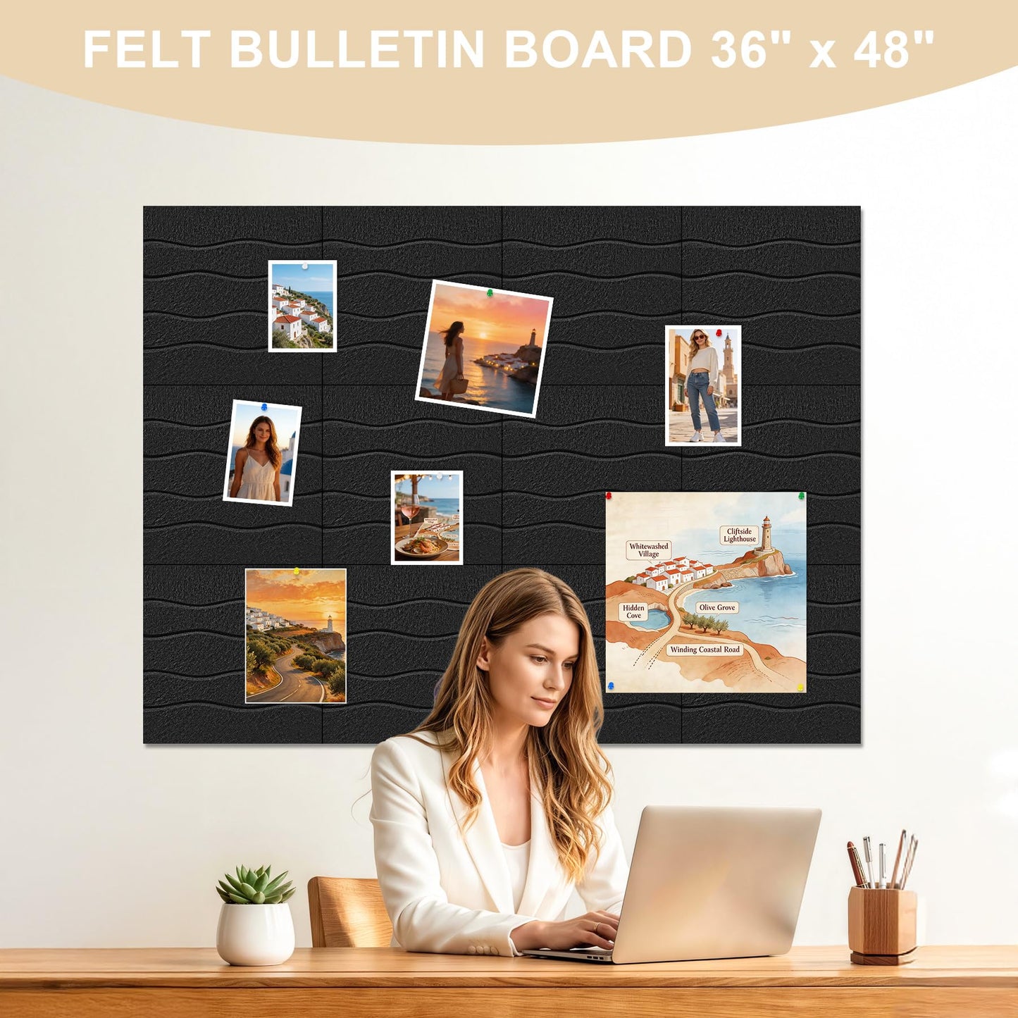 AKONEGE Felt Bulletin Board Tiles 12 Pack, 48" x 36" Cork Board Alternative, DIY Pin Board Wall Tiles for Photo Wall, Vision Board, Dorm Room & Home Office Decor, Stick-On with Adhesive Tabs, Black