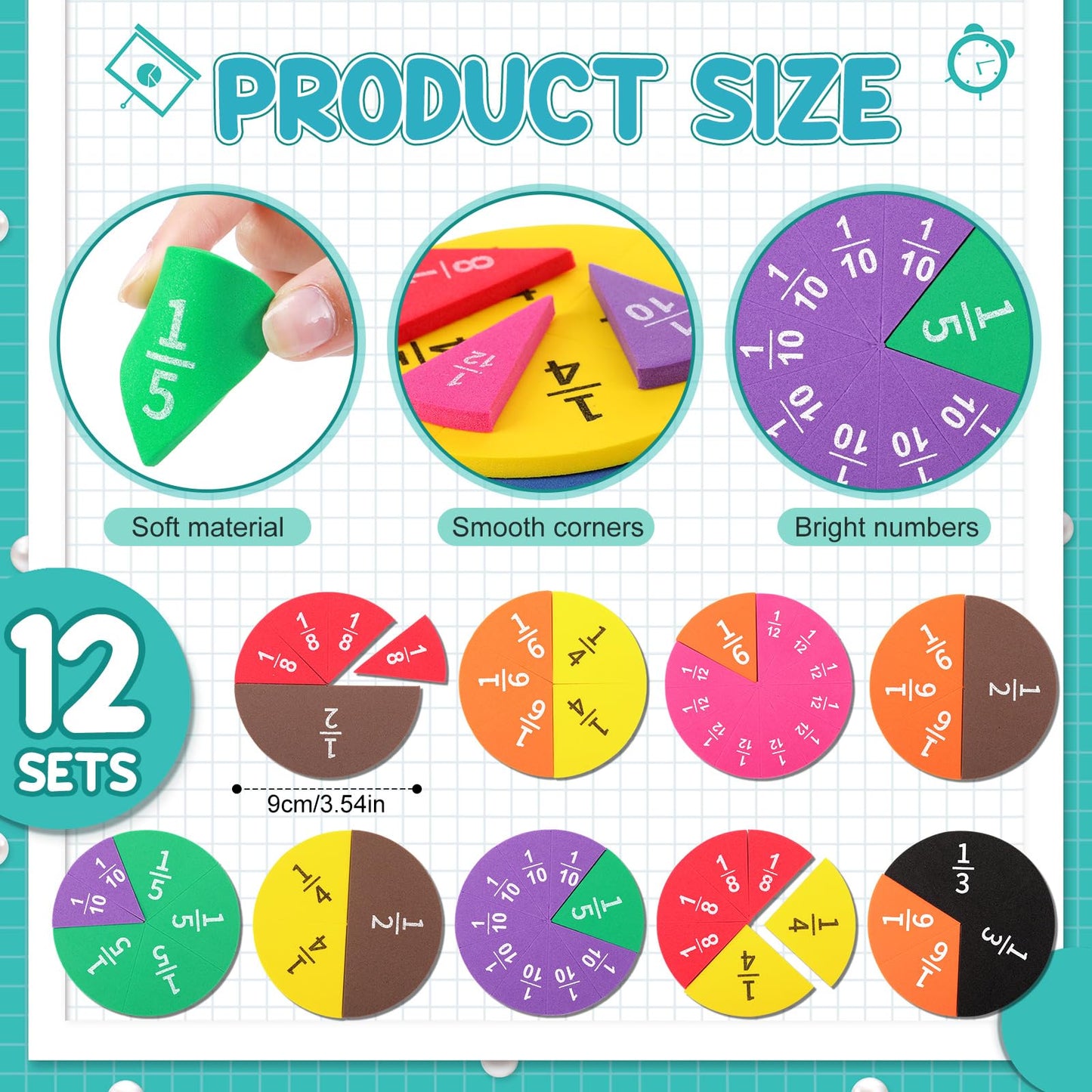Sayglossy 12 Sets Fraction Set for Math Classroom Fractions Manipulatives Math Manipulatives for Home School Supplies (Circles)