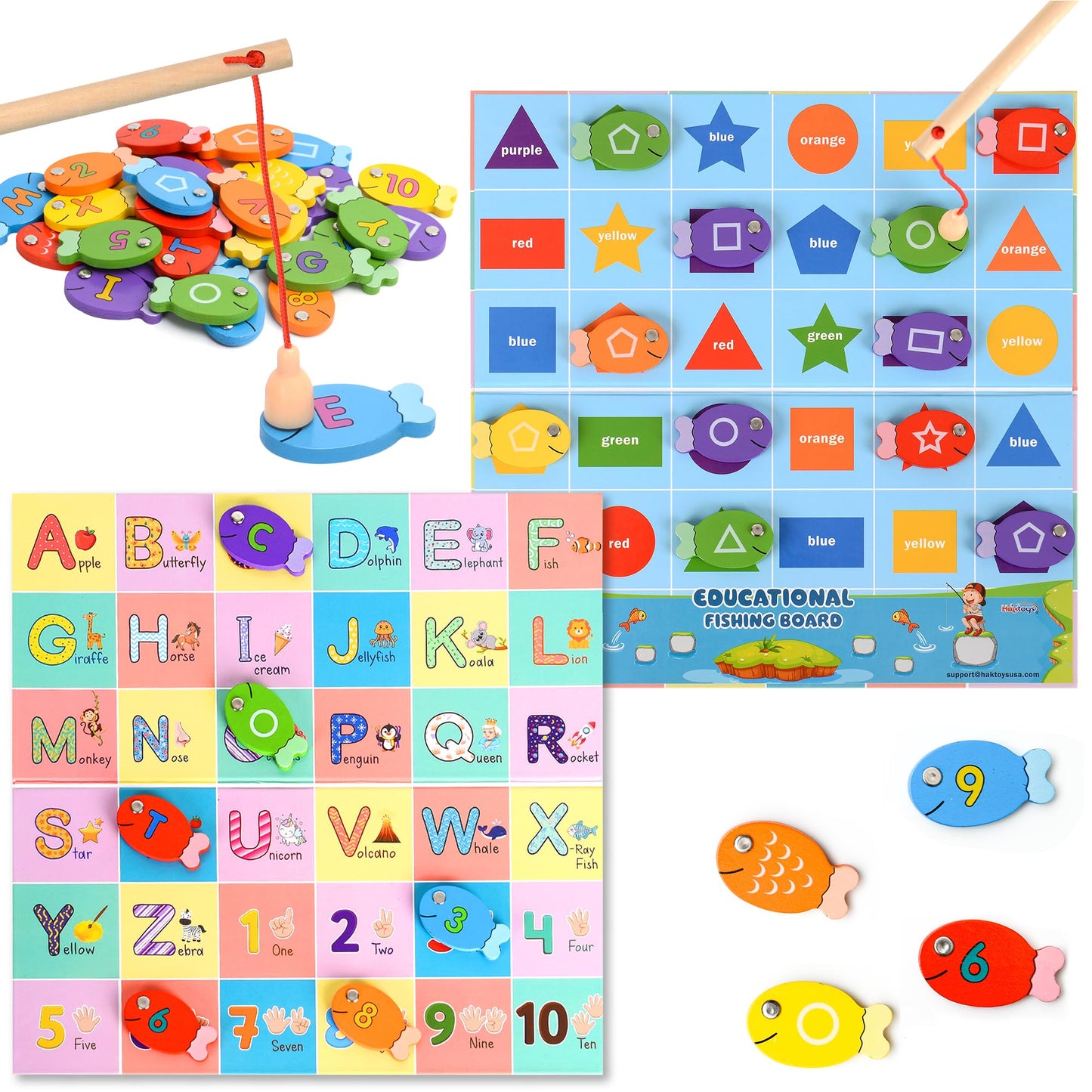 Haktoys Fishing Alphabet Game Montessori Magnetic Learning Toy, 4-in-1 ABC Letters, Numbers, Colors and Shapes Educational Game for Toddlers Preschool Kids, Fishing for Numbers