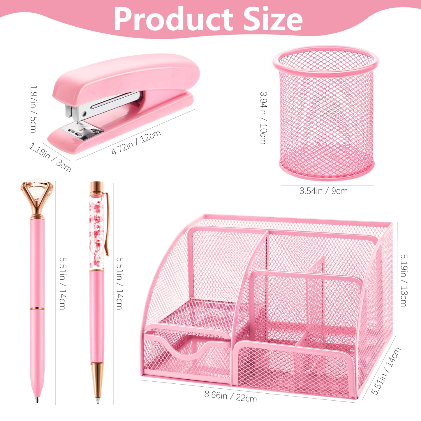 Fayoo 11 Pcs Pink Office Supplies Set Mesh Desk Organizer Accessories Kit include Stapler Tape Dispenser Staple Remover Clips Ruler Scissors Sticky Notes for Office School Home Women (Pink)