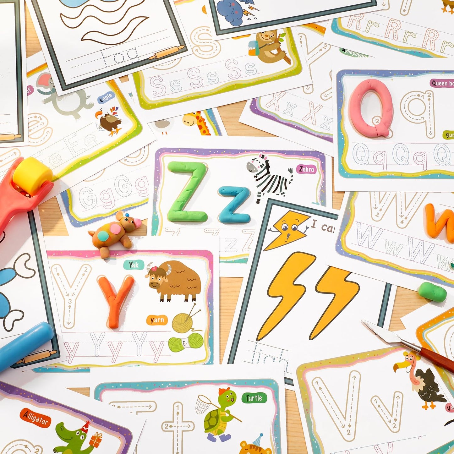 Ireer 36 Pcs Alphabet & Weather PlayClay Mats for Kids Activity Card for Clay Preschool Number Alphabet Animal Shape Learning Activity Games for Classroom Home Educational Supplies