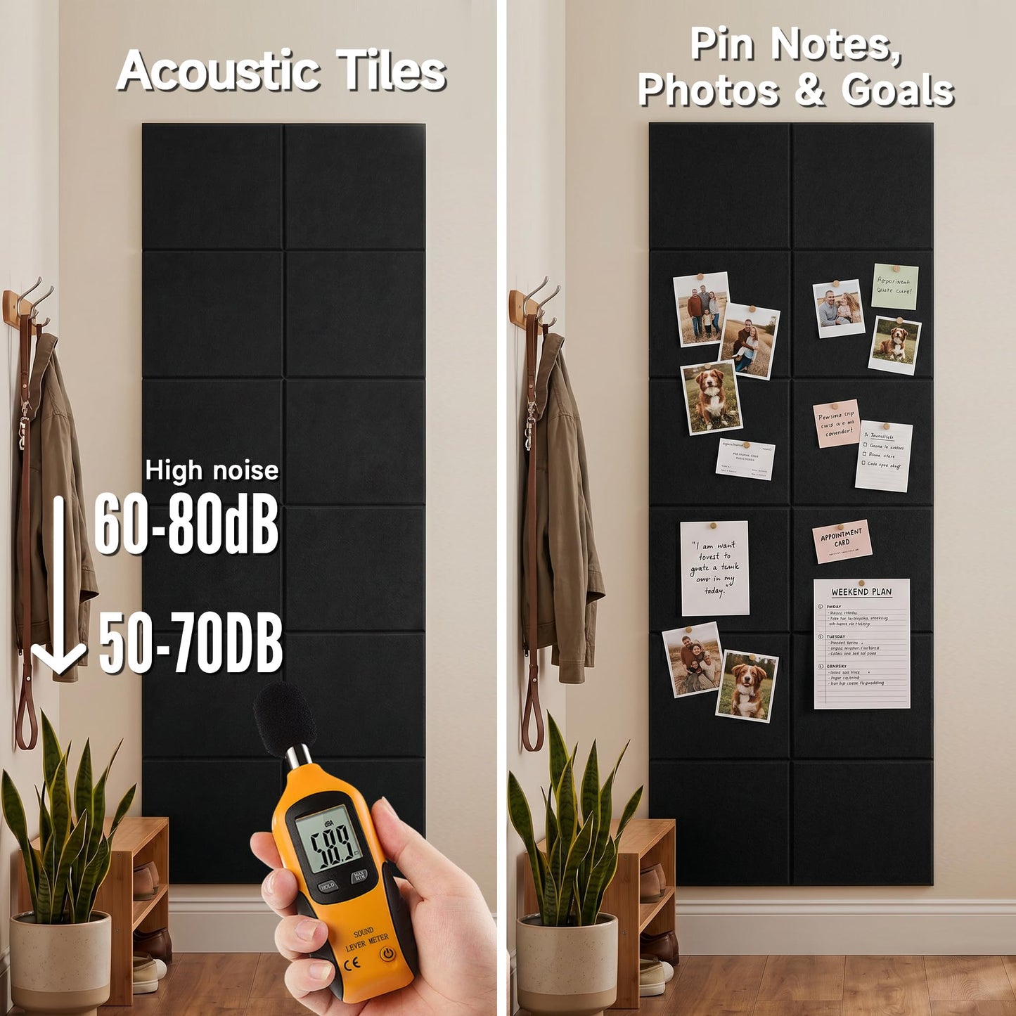 MISSDAY Black Acoustic Wall Panel Felt Bulletin Board 48" x 36" Cork Board for Wall, 12-Pack Boards with 72 Removable Adhesive Tabs, 50 Pins, Pin Board for Home Office Classroom Soundproof Wall Tile