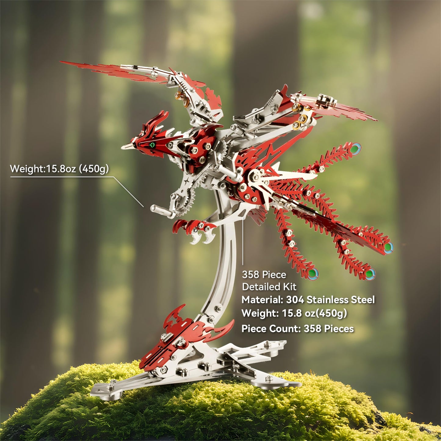 Gold-Plated Metal Phoenix Model Kit - 3D Stainless Steel Mythical Bird Puzzle for Adults - Mechanical Firebird Figurine - Steampunk Kinetic Art Sculpture - Home Decor Gift(Phoenix-Red)