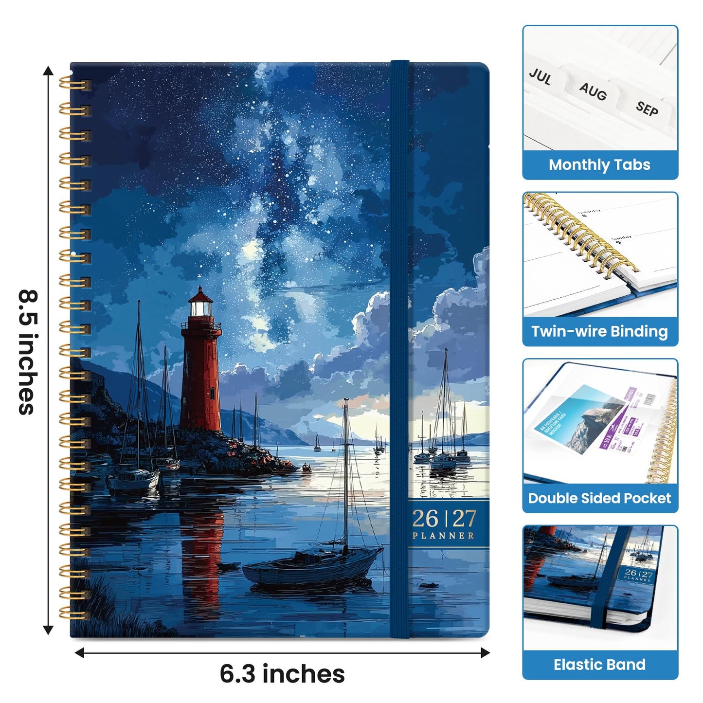 Planner 2026–2027, Weekly & Monthly Academic Organizer for School Year, Jul 2026–Jun 2027, Hardcover Planner with Tabs, Back to School Essential, 6.3" x 8.5", Harbor Starlight