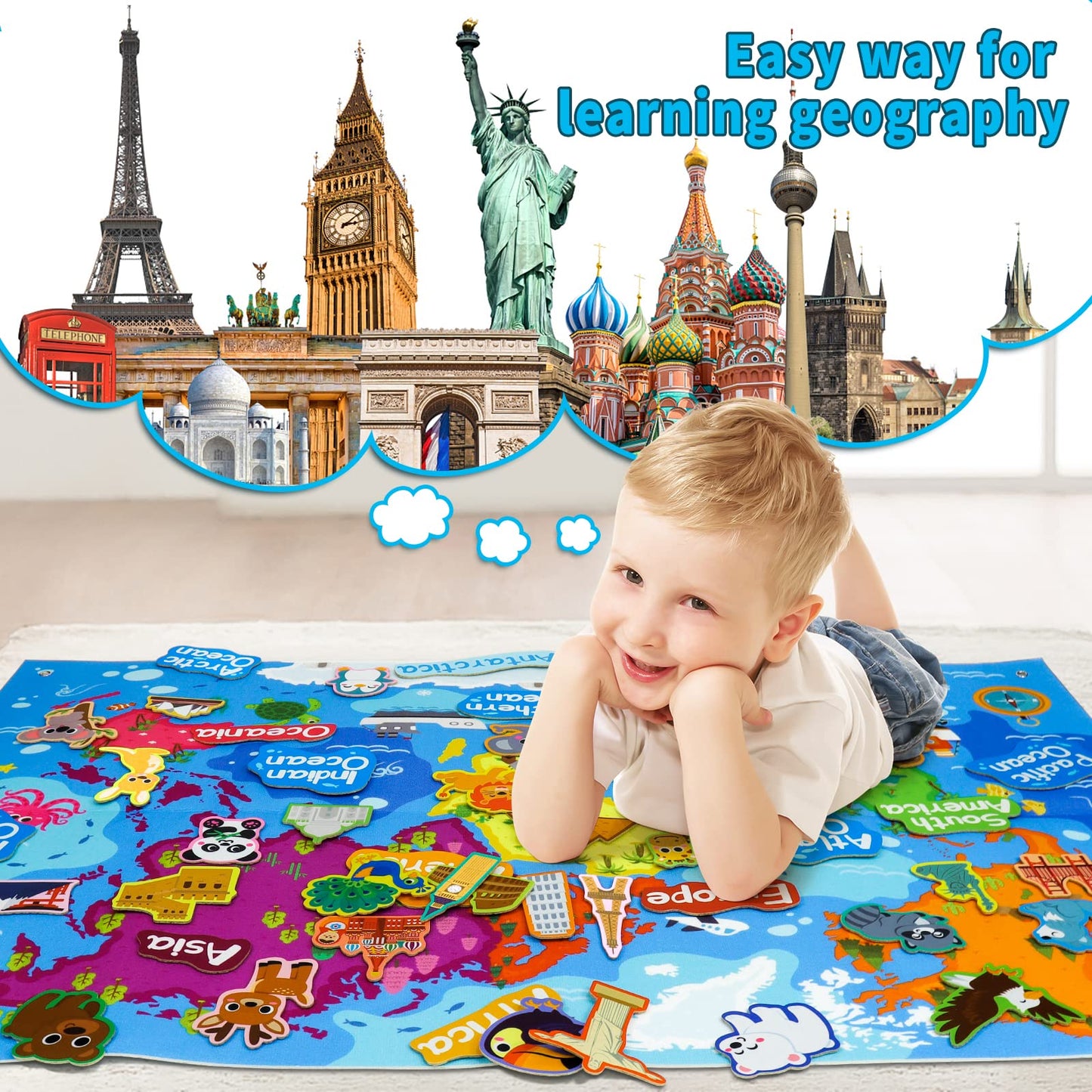 Taika World Felt Set, Felt World Map with World Famous Sights, Educational Play Mat Flannel Board Set, 43x28 inch Preschool Learning Flannel Board for 4+