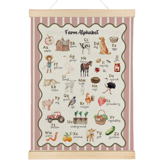 Qvapt Farm Alphabet Pink Wall Art Poster Hanger Frame, Farmhouse Animal ABC Educational Wall Art With Wooden Poster Hanger for Toddler Room Classroom Nursery Playroom Decorations, 12x16 Inch