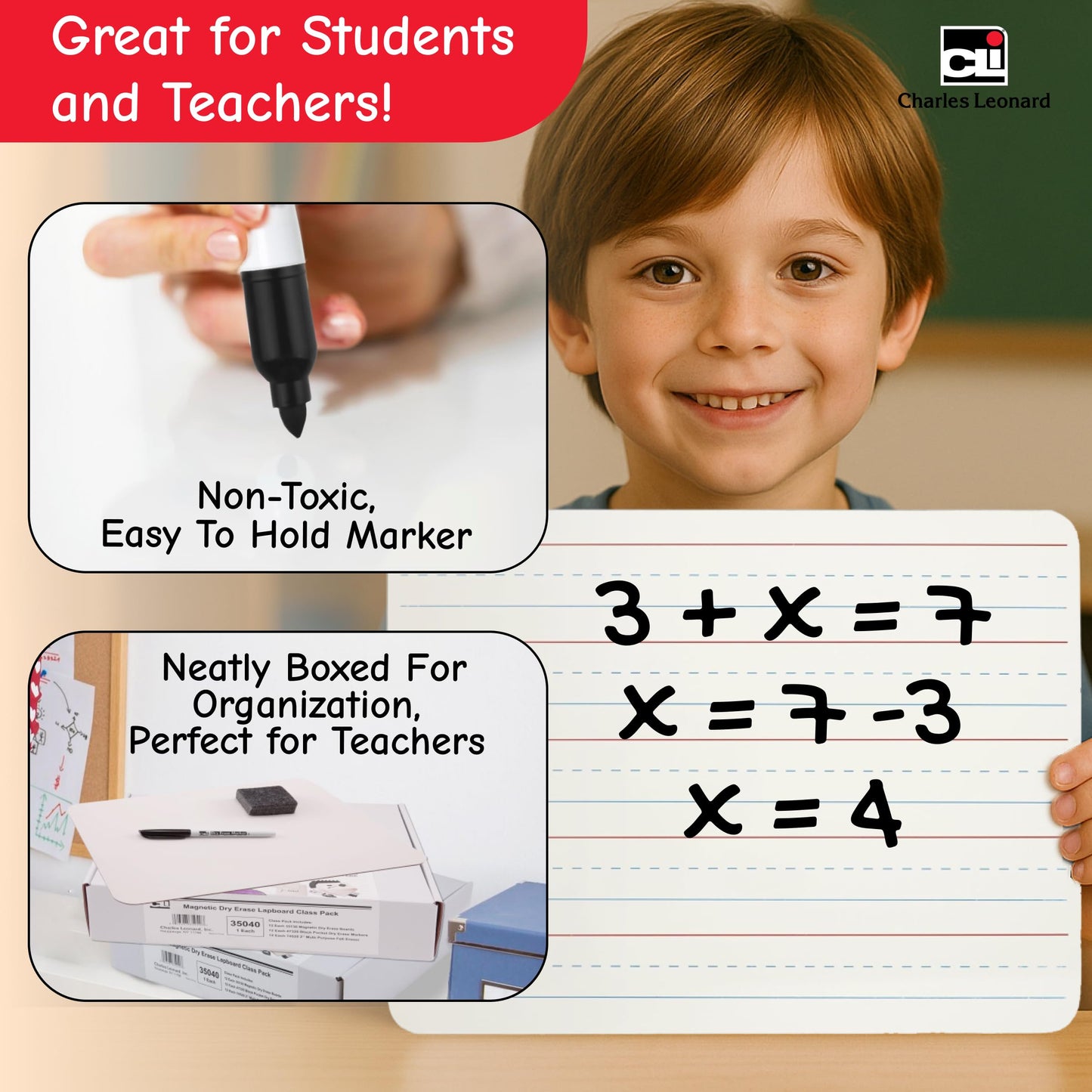 Charles Leonard Dry Erase Board Classroom Pack - Mini Lapboard School Supplies - Includes 12 Each One-Sided Lined Erasable White Boards, 2 Inch Felt Erasers and Black Dry Erase Markers (35025)