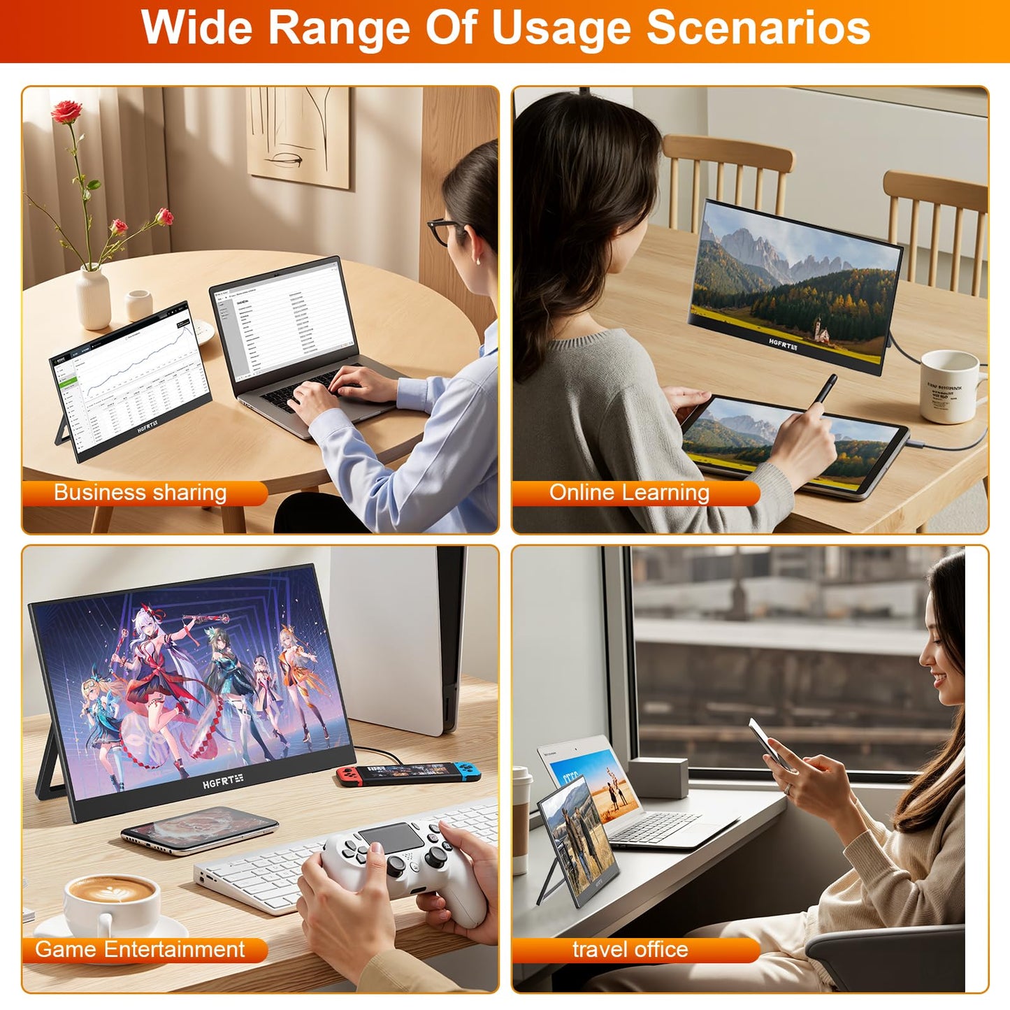 HGFRTEE Portable Monitor Touchscreen 15.6", 1920x1080 60Hz FHD IPS HDR 10-Point Touch Screen Monitor with Built-in Stand & Speaker, HDMI USB C VESA External Travel Monitors for Laptop, PC, Mac, Phone