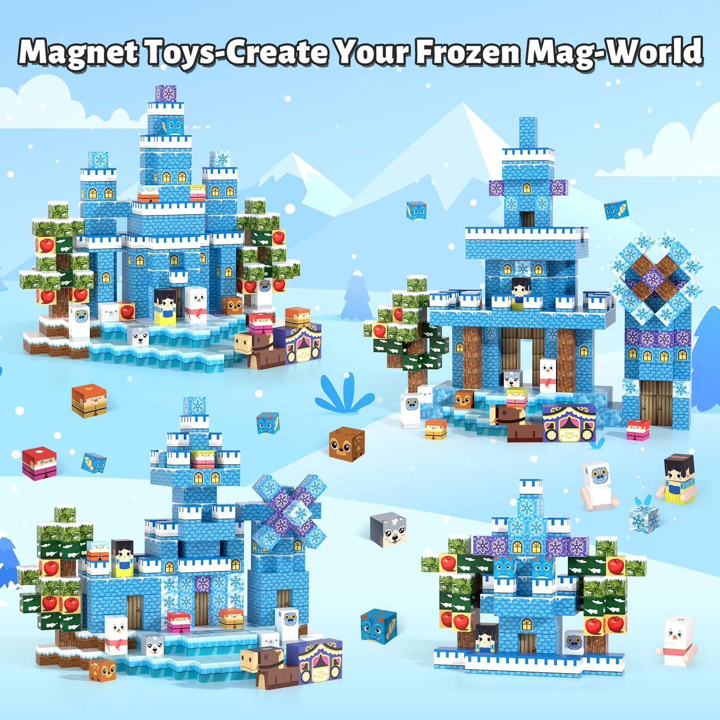 Gryxpox 150pcs Magnetic Blocks, Magnetic Blocks for Kids Ages 4-8, Magnetic Cubes Sets for Ice Castle Worlds Build, Stacking Magnets for Kids, Birthday Gifts for Boys and Girls Age 3+ Years Old