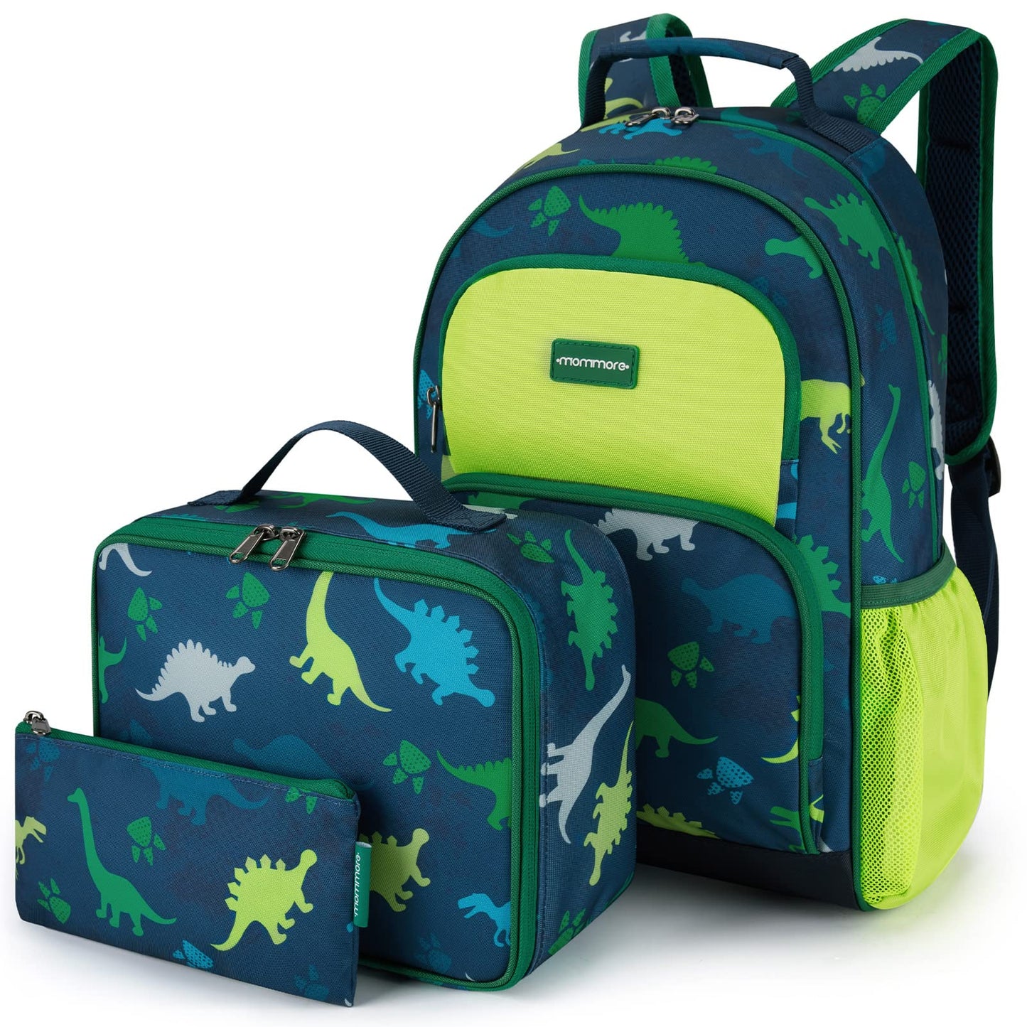 mommore Kids Backpack for Boys, Toddler Backpack for Preschool Kindergarten Elementary Lightweight Bookbag for Students with Lunch Box (3PCS, Dinosaur Green)