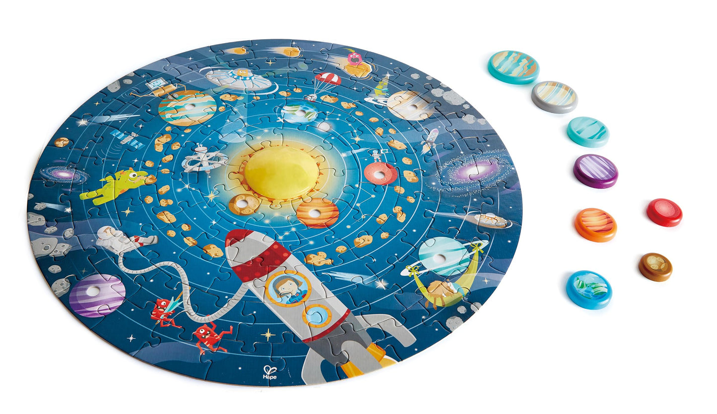 Hape Solar System Puzzle | Round Solar System Puzzle Toy for Kids, Solid Wood Pieces and A Glowing LED Sun