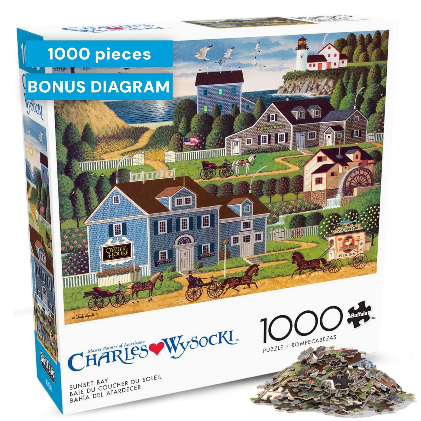 Buffalo Games Charles Wysocki - Sunset Bay - 1000 Piece Jigsaw Puzzle, 26.75 x 19.75 in - 1000 Piece Puzzle for Adults - Clean Cut Sections - Reference Poster Included