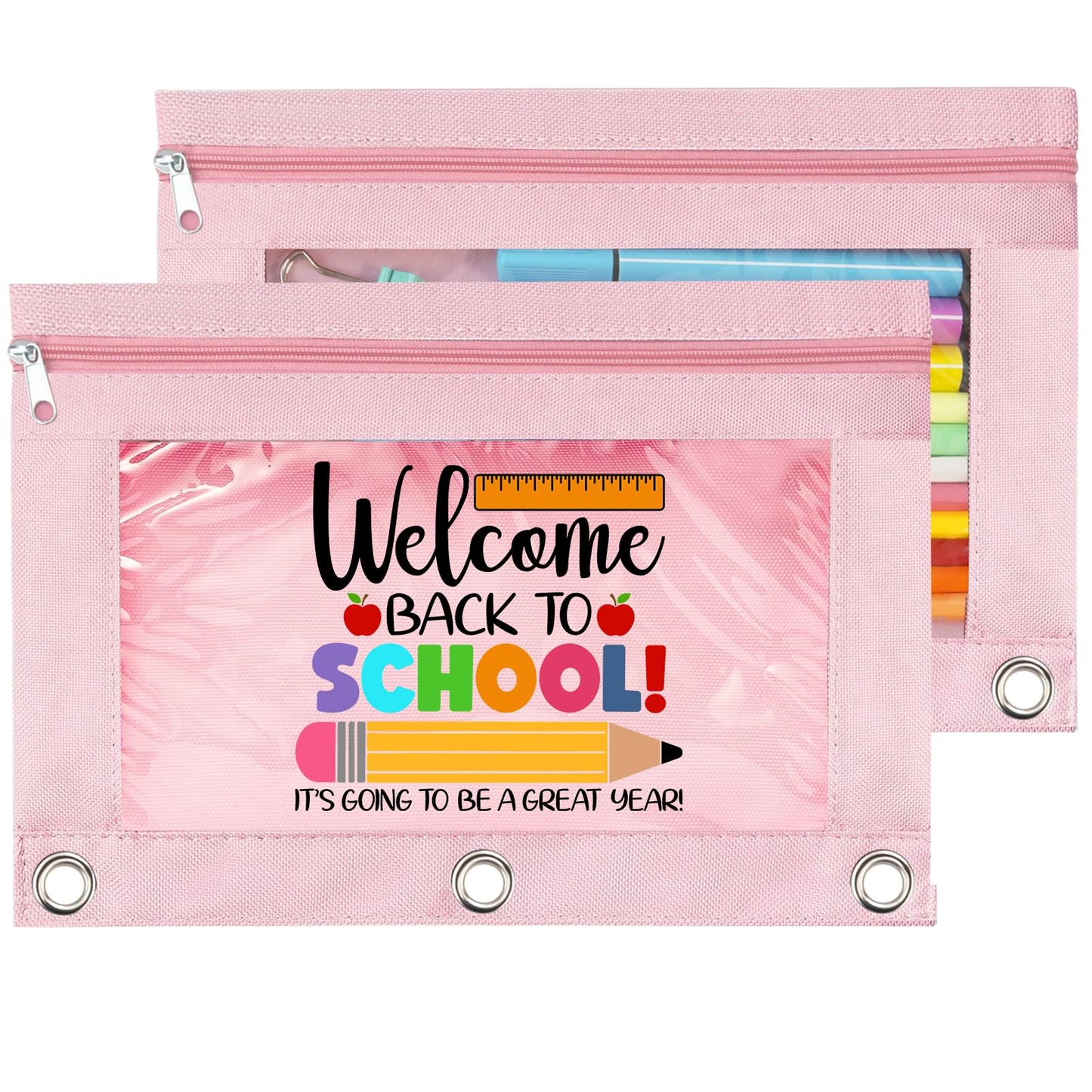TOPWOOZU Zippered Pencil Pouch Cute for 3 Ring Binder, Welcome Back To School Clear Pen Pencil Case Bag Pink 2 Pack