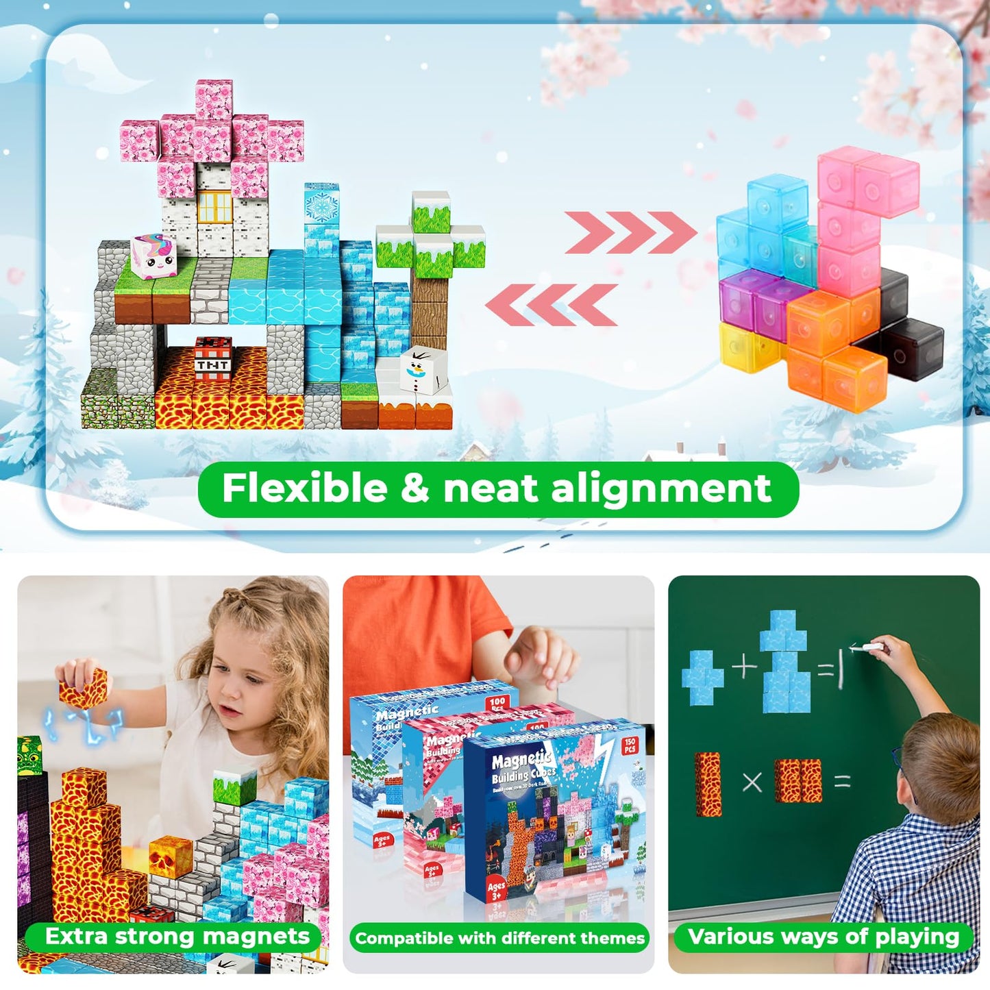 Magnetic Blocks - 150PCS Magnetic Building Block Cubes Dark Forest Glacier Castle, Magnet Toy Building Sets for Kids Age 3+, STEM Stacking Construction Toys Easter Gift for Boys Girls Age 4-8, 8-12