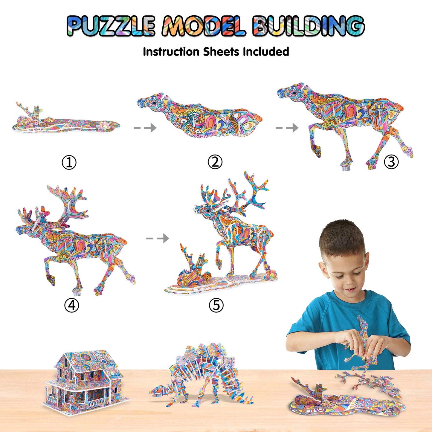 BEARUN 3D Coloring Puzzle Set, Arts and Crafts for Girls and Boys Age 6 7 8 9 10 11 12 Year Old, Fun Educational Painting Crafts Kit with Supplies for Kids, Birthday Toy Gift for Kids