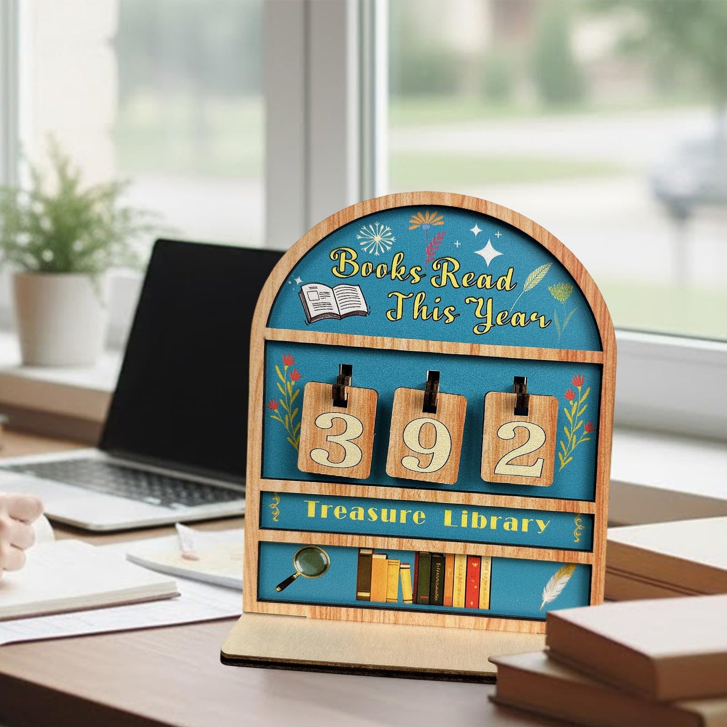 Reading Tracker Counter Sign, Wooden Books Read This Year Display, Book Lover Gift for Librarian, Reader, Teacher, Women, Wall and Table Decor for Home Library, Teachers, Book Lovers（light blue）