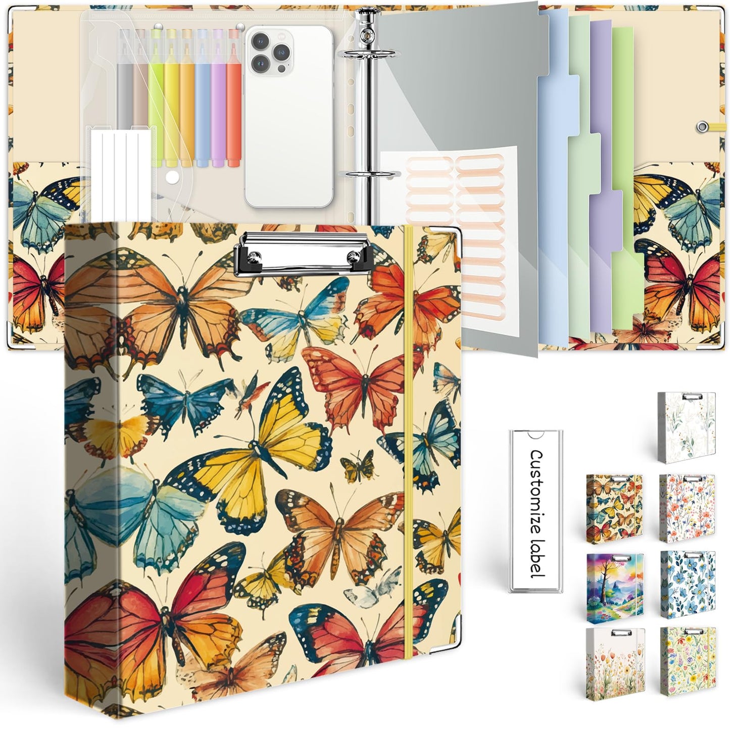 3 Ring Binder 2 Inch for 8.5"x11" Paper, Three Ring Binders with Clipboard, 5 Dividers with Tabs and Pockets, Decorative Binder with Pen Holder,Butterfly