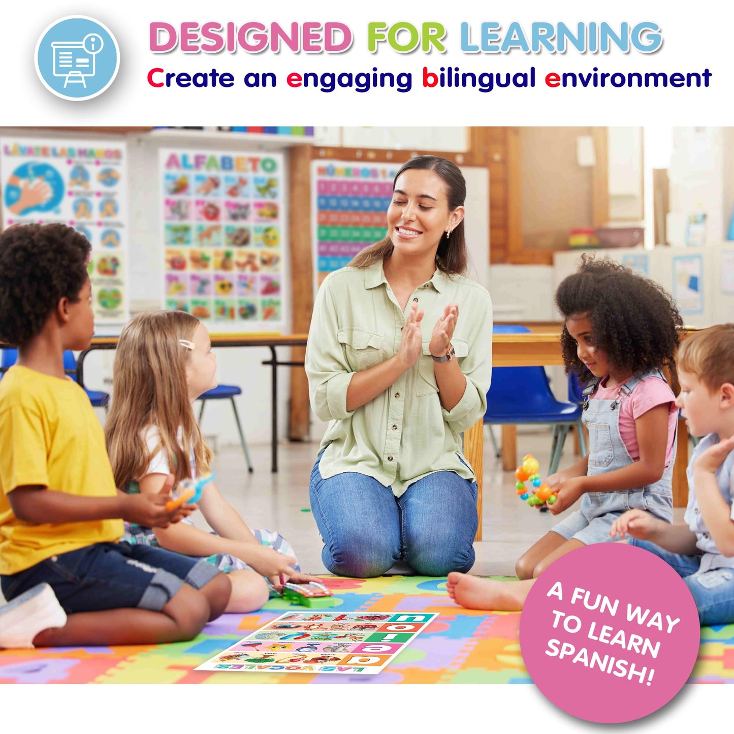 DeeDee's Workshop 16 Spanish Classroom Posters - Spanish Learning for Kids, Abecedario para Niños en Español, Days of the Week & Calendar