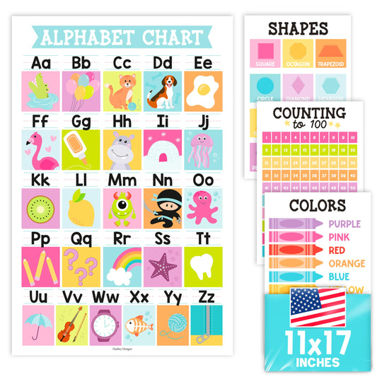 Hadley Designs Educational ABC Posters for Classroom Wall Decor - Preschool Learning Posters for Toddlers 1-3, Shapes Color 1-100 Number Chart & Alphabet Poster, Daycare Playroom Homeschool Essentials
