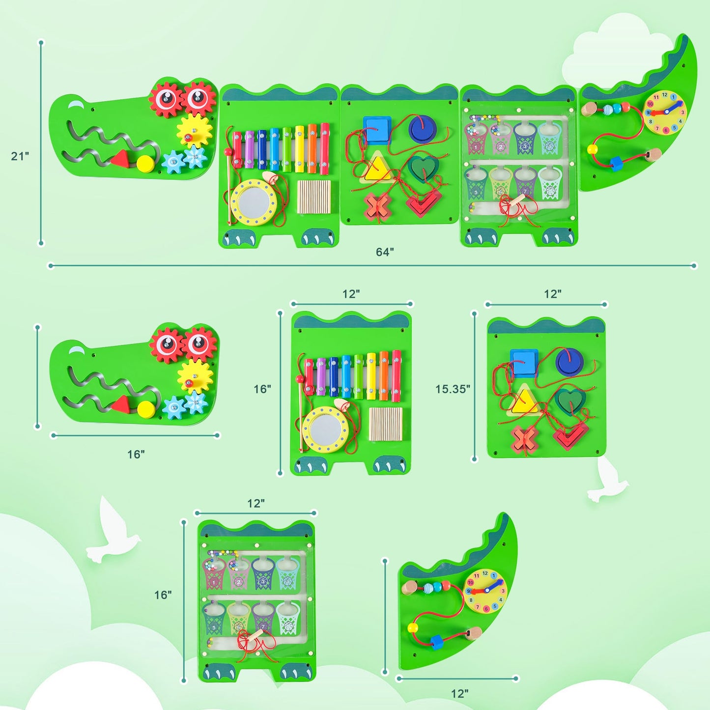 nigwet Crocodile Sensory Toys Activity Wall Panels, Educational Montessori Busy Board for Toddlers, Activity Cube - Sensory Wall, Wooden Learning Toys, Interactive Toy-Green
