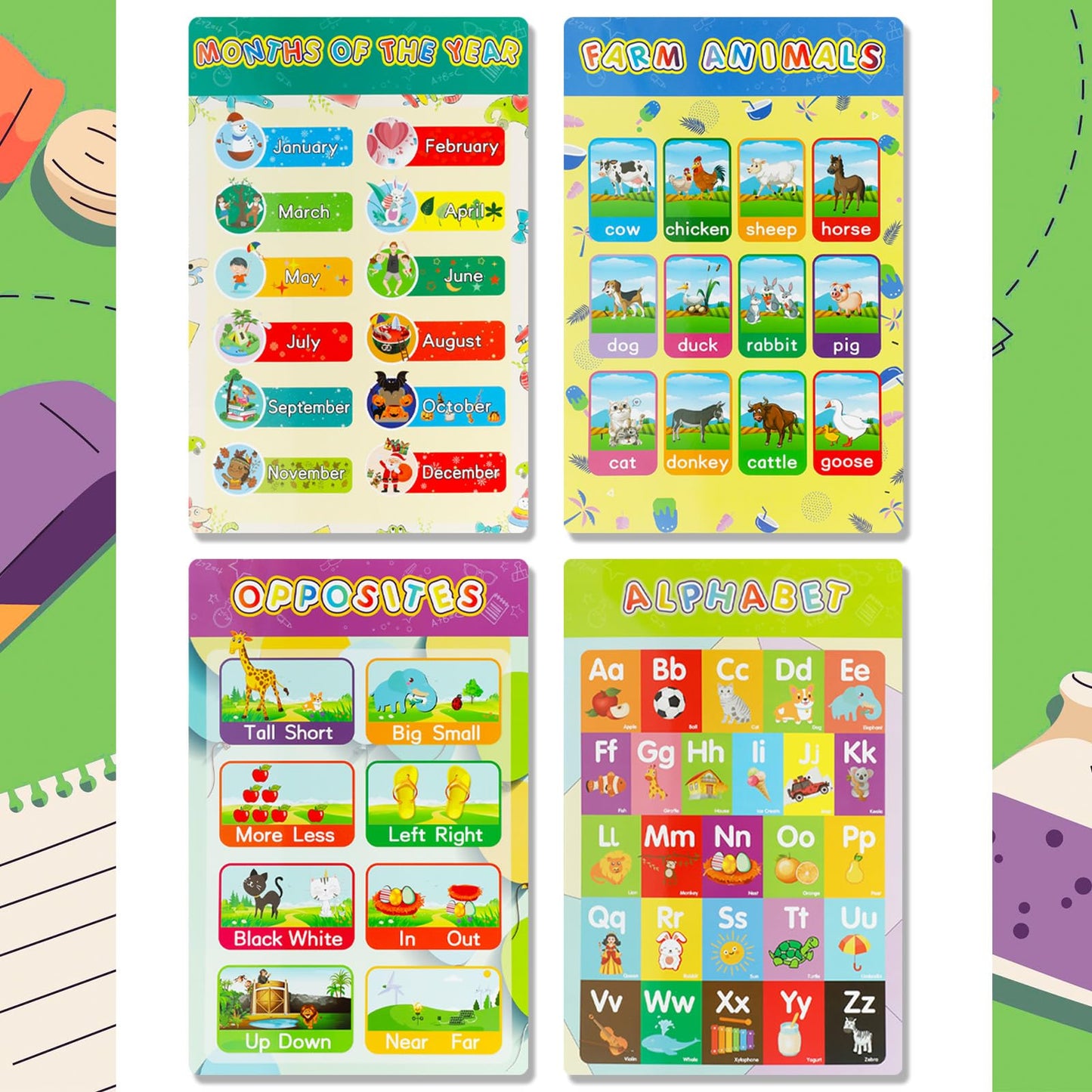 Educational Posters for Elementary Preschool Kindergarten Classroom Learning, Preschool Learning Posters for ABC Alphabet, Time, Number, Months, Colors, Weather, Galaxies , Animals, More, 16.5x11 Inch(12P Style C)