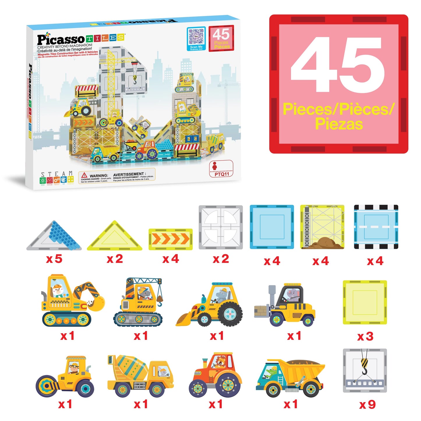 PicassoTiles Magnet Tiles Magnetic Building Blocks with 8 Construction Vehicles Crank Truck Excavator Bulldozer Road Roller Concrete Mixer Tractor Dump Truck Forklift Toys Learning Kids Ages 3+ PTQ11
