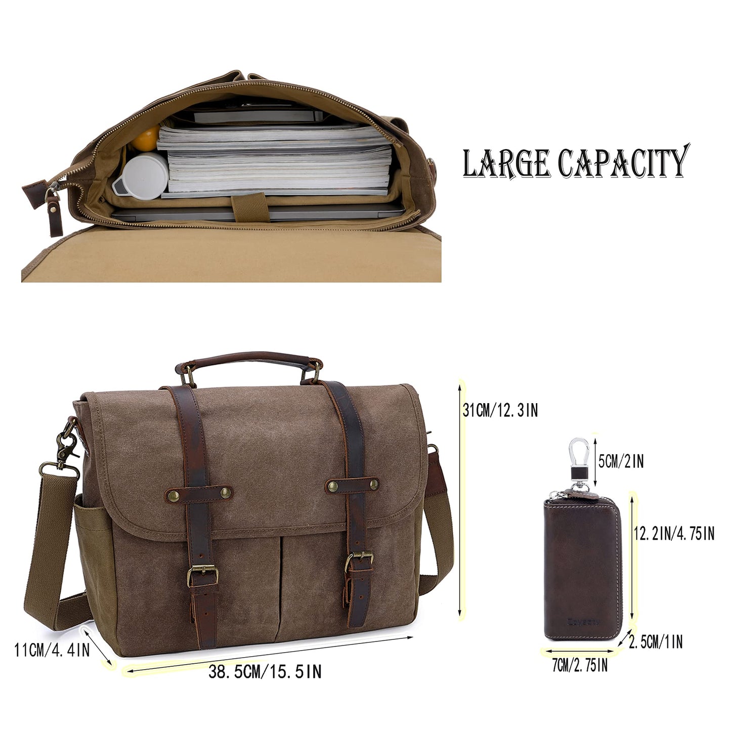 Messenger Bag for Men, 15.6 Inch Waterproof Vintage Genuine Leather Laptop Briefcase Waxed Canvas Large Computer Satchel bag Travel Leather Shoulder Work Bag with Key Bag (Brown)