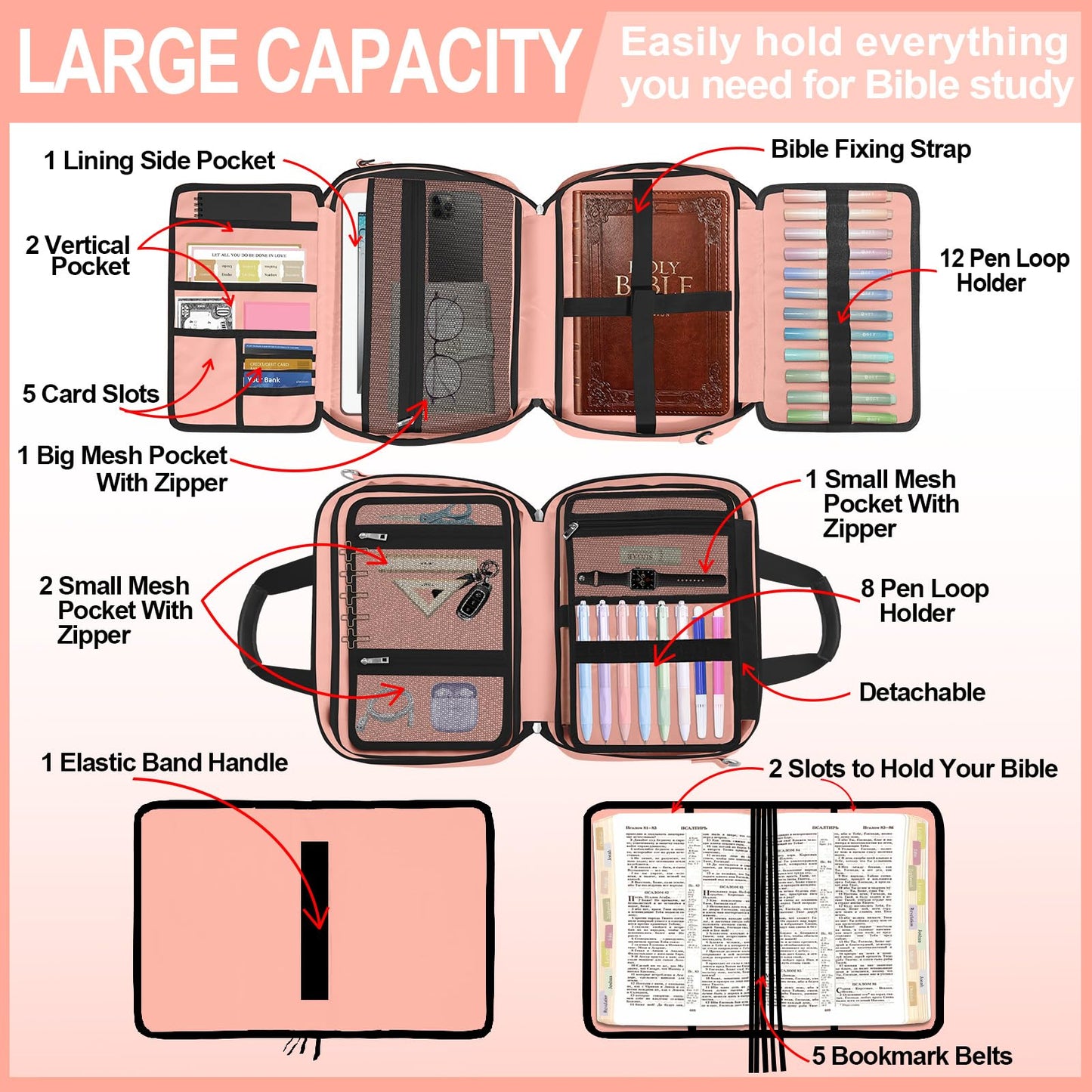 IBOVODI Pink Large Bible Cover Case for Women, Bible Study Supplies Bible Journaling Kit Book Carrying Case Church Bag with Shoulder Strap Handle Zipper Pocket, Christian Gifts