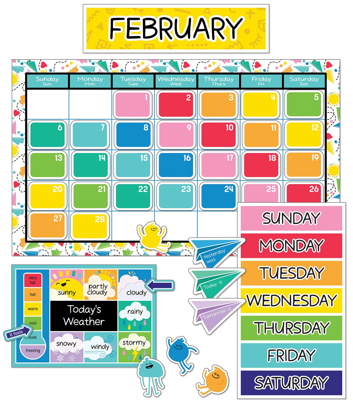 Carson Dellosa Happy Place 139 pc Set Calendar, Monthly Headers, Birthday, Holidays, Numbers Cover Ups, Seasons, Weather, and Days of The Week Chart for Classroom, Bulletin Board, Wall Decor