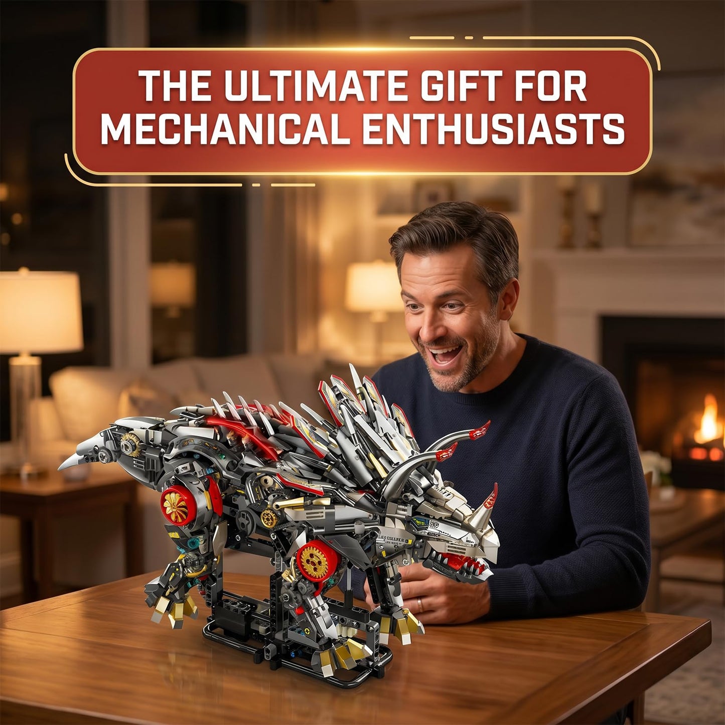 Myth Qholve Mechanical Triceratops Building Set with LED Lights, Engine & Generator, Remote Control Drive, Display Stand, Movable Gears, Large Scale RC Dinosaur Model for Home Office Decor, 1100+PCS