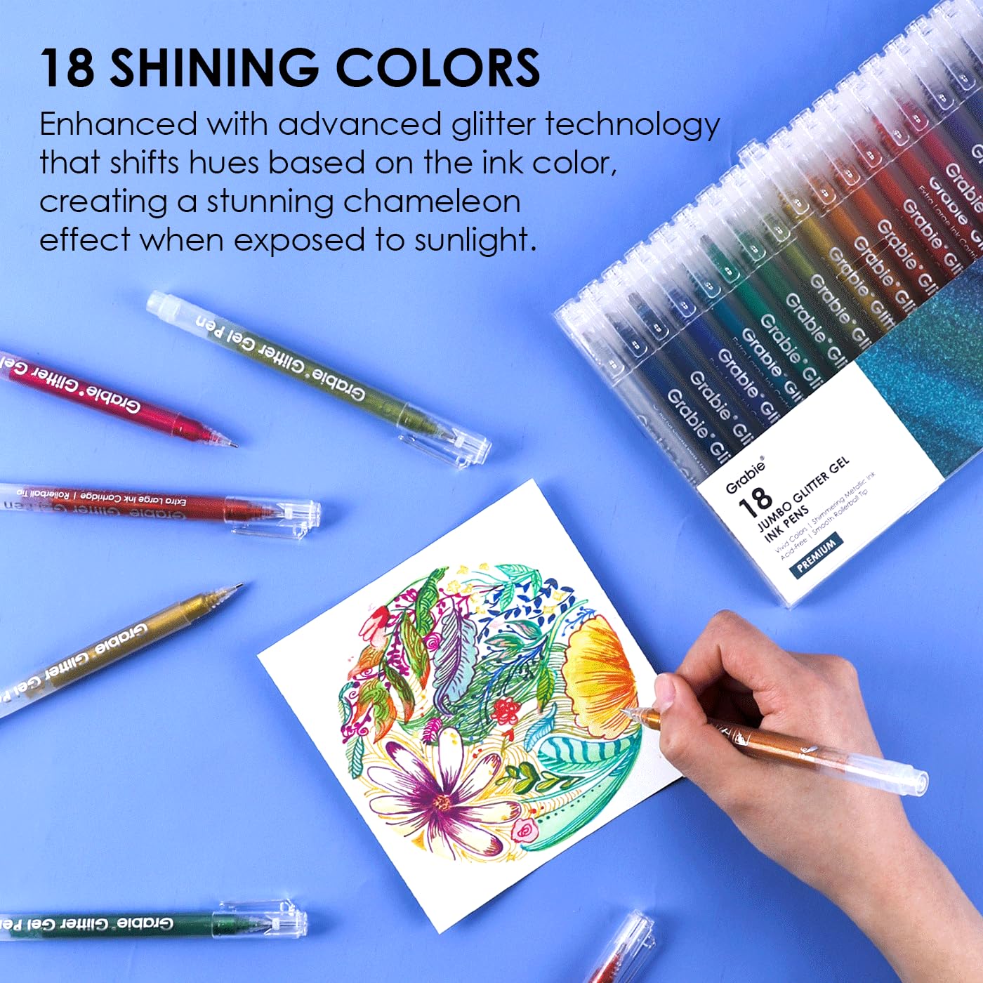 Grabie Jumbo Glitter Gel Pens Set of 18, Metallic Sparkle Gel Ink Pens, Large Capacity Vibrant Glitter Pens for Coloring Books, Drawing, Journaling, Scrapbooking & DIY Crafts, Smooth Writing Art Pens