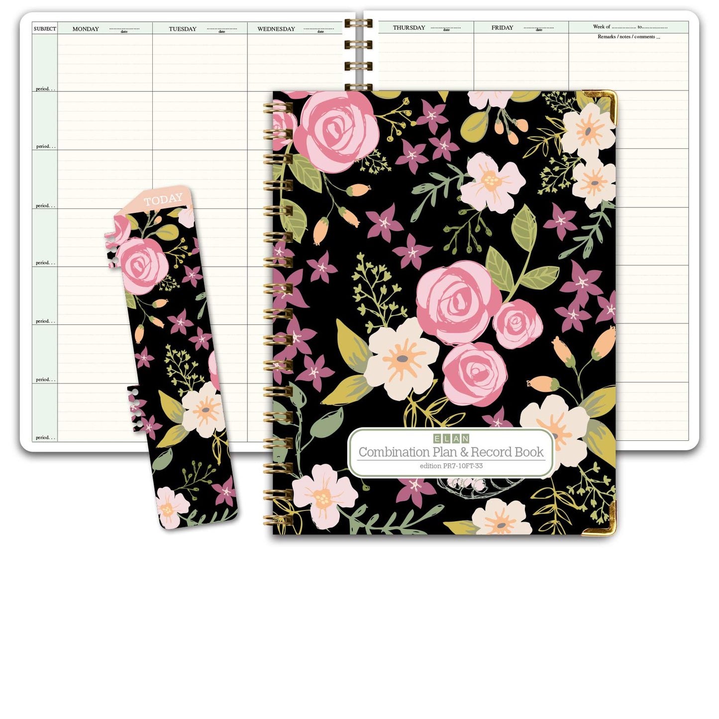 Elan Publishing Company HARDCOVER Combination Plan and Record Book: One efficient 8.5" x 11" book for lesson plans and grades combines W101 and R1010 with Bonus Clip-in Bookmark (Black Floral)