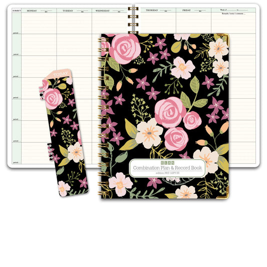 Elan Publishing Company HARDCOVER Combination Plan and Record Book: One efficient 8.5" x 11" book for lesson plans and grades combines W101 and R1010 with Bonus Clip-in Bookmark (Black Floral)