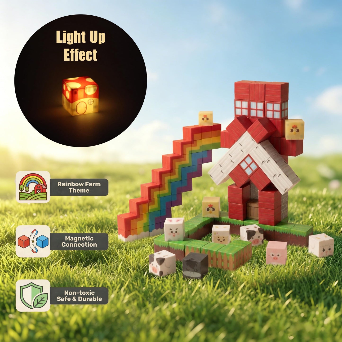 STELLUNE 200PCS Magnetic Blocks with 3 Light Up Pieces, Rainbow Farm Pals Magnetic Building Cubes, STEM Educational Toys for Kids Ages 3+, Ideal Gift for Boys Girls