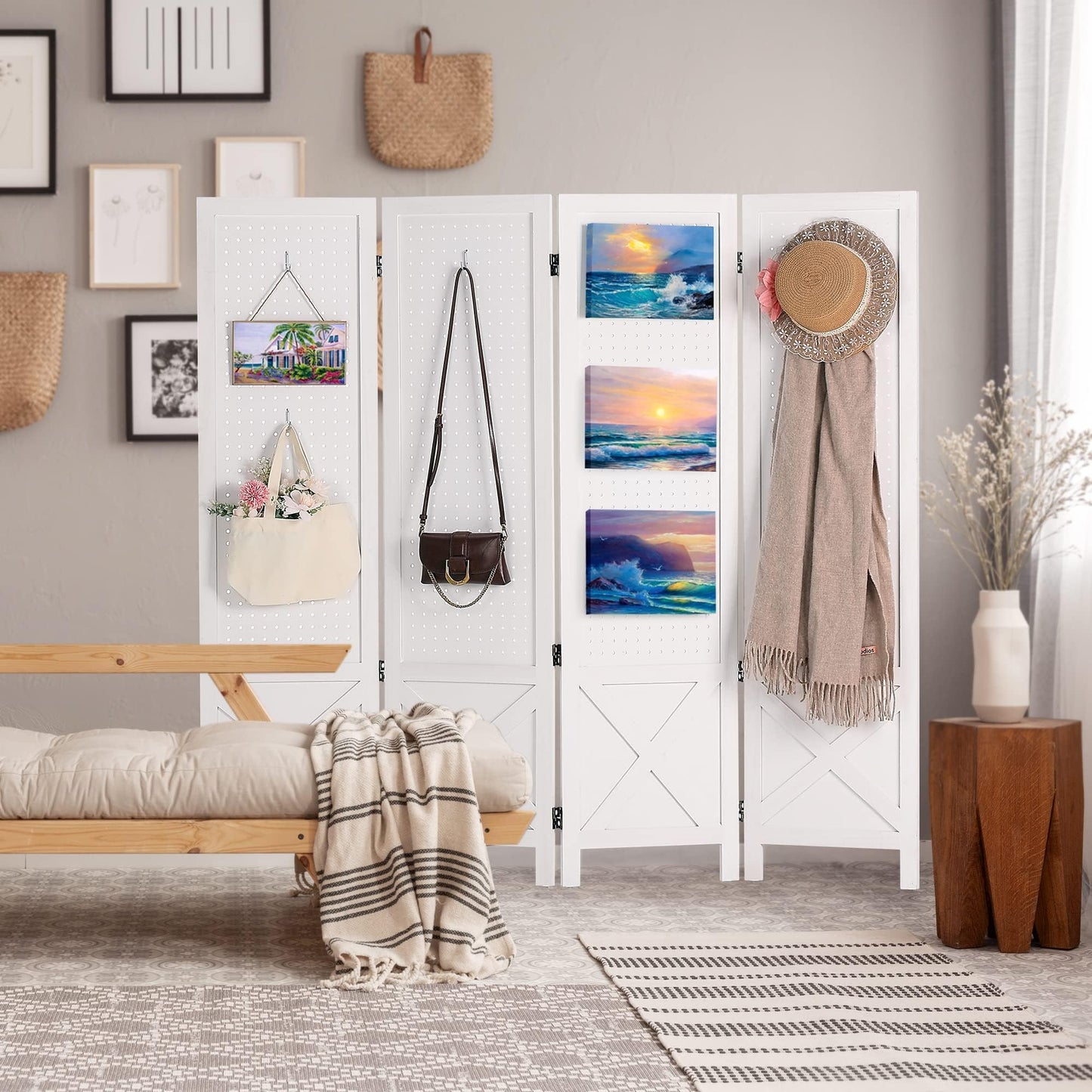 Wnutrees 4 Panel Pegboard Display, 5 Ft Wood Folding Privacy Screens Room Divider, Portable Freestanding Display Board for Craft/Art Shows, Retail, Events, Wall Organizer, Rustic Barnwood, White