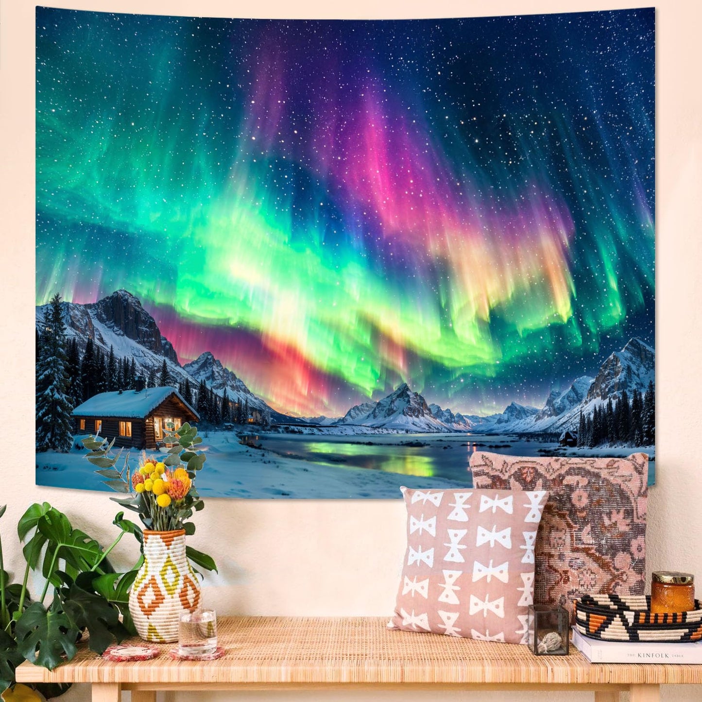 Spenlife Winter Aurora Borealis Cabin Tapestry, Scenic Northern Lights Mountain Wall Hanging for Cozy Bedroom Living Room Decor, 60x44 Inch