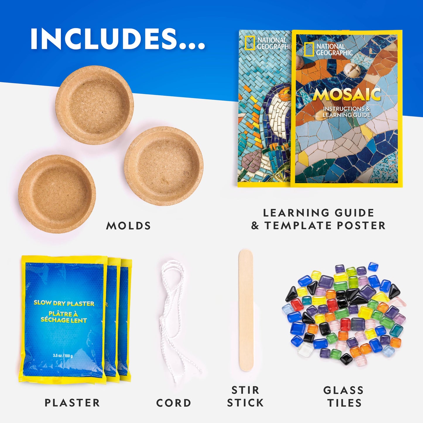 National Geographic Mosaic Arts and Crafts Kit for Kids - Mosaic Kit for Creating 3 Glass Tile Mosaic Art Projects, Includes Glass Tiles, Templates, Plaster & More, Art Supplies, Mosaic Kits for Kids