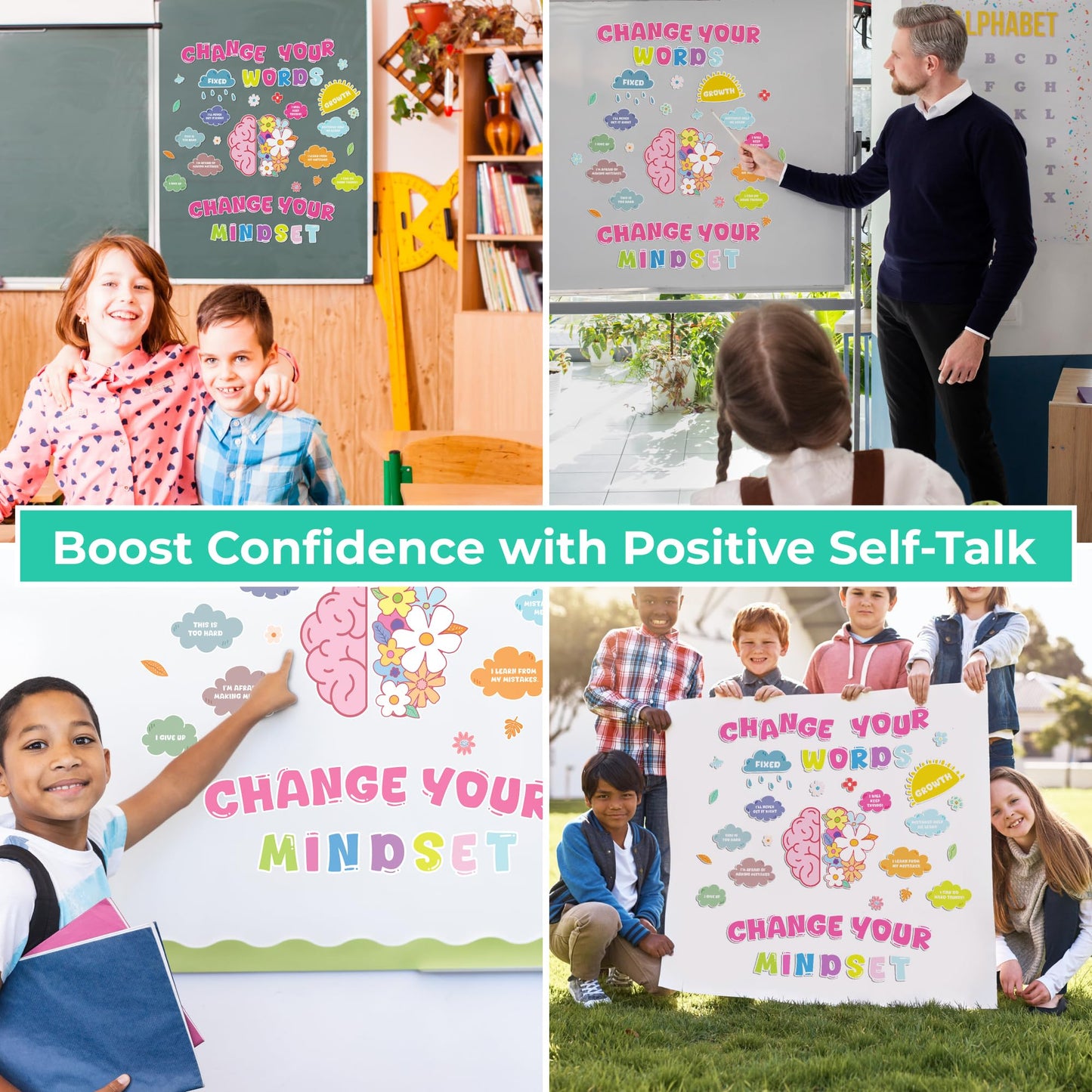 EXCOOL CLUB Growth Mindset Bulletin Board Set - Change Your Words Change Your Mindset Teacher Bulletin Board Decorations For Classroom Decor, Positive Affirmations Wall Decor Growth Mindsets Posters