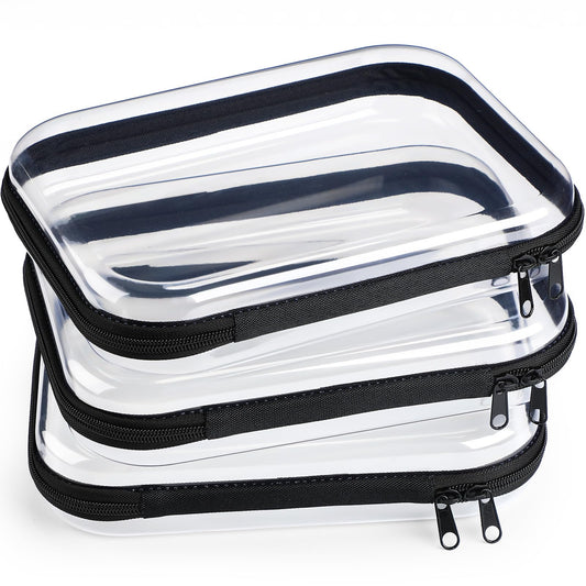 Hoolerry 3 Pcs Clear Hard Zipper Case Hard Plastic Zipper Pouch Makeup Bag Portable Travel Organizer for Cosmetics, Office Supplies, Documents & Toiletries(Black,M)