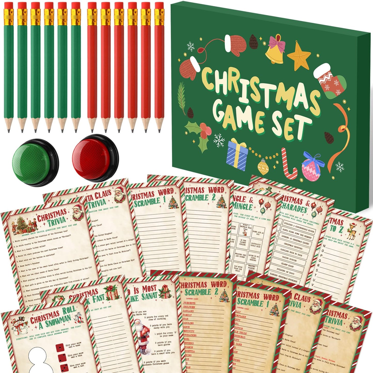 Fullhawl 124 Pcs Christmas Trivia Games Cards with Buzzers and Answer Pencils Bulk Christmas Family Game Cards for Adults Friends Large Group Festival Guessing Activity Holiday Party(Candy Cane)