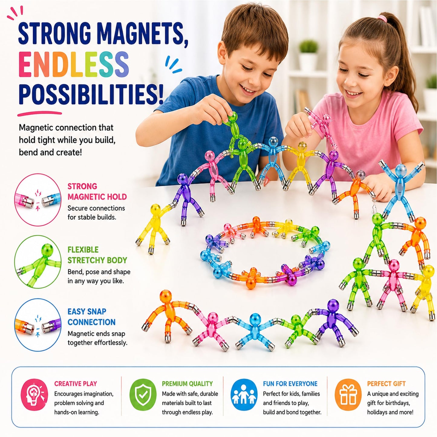 Magnetic Men Figures for Kids Ages 3-8, 10 PCS Sensory STEM Fidget Toy, Travel Toy for Boys & Girls, Road Trip Airplane Car Activities, Educational Building Set, Birthday Gift, Classroom Prize