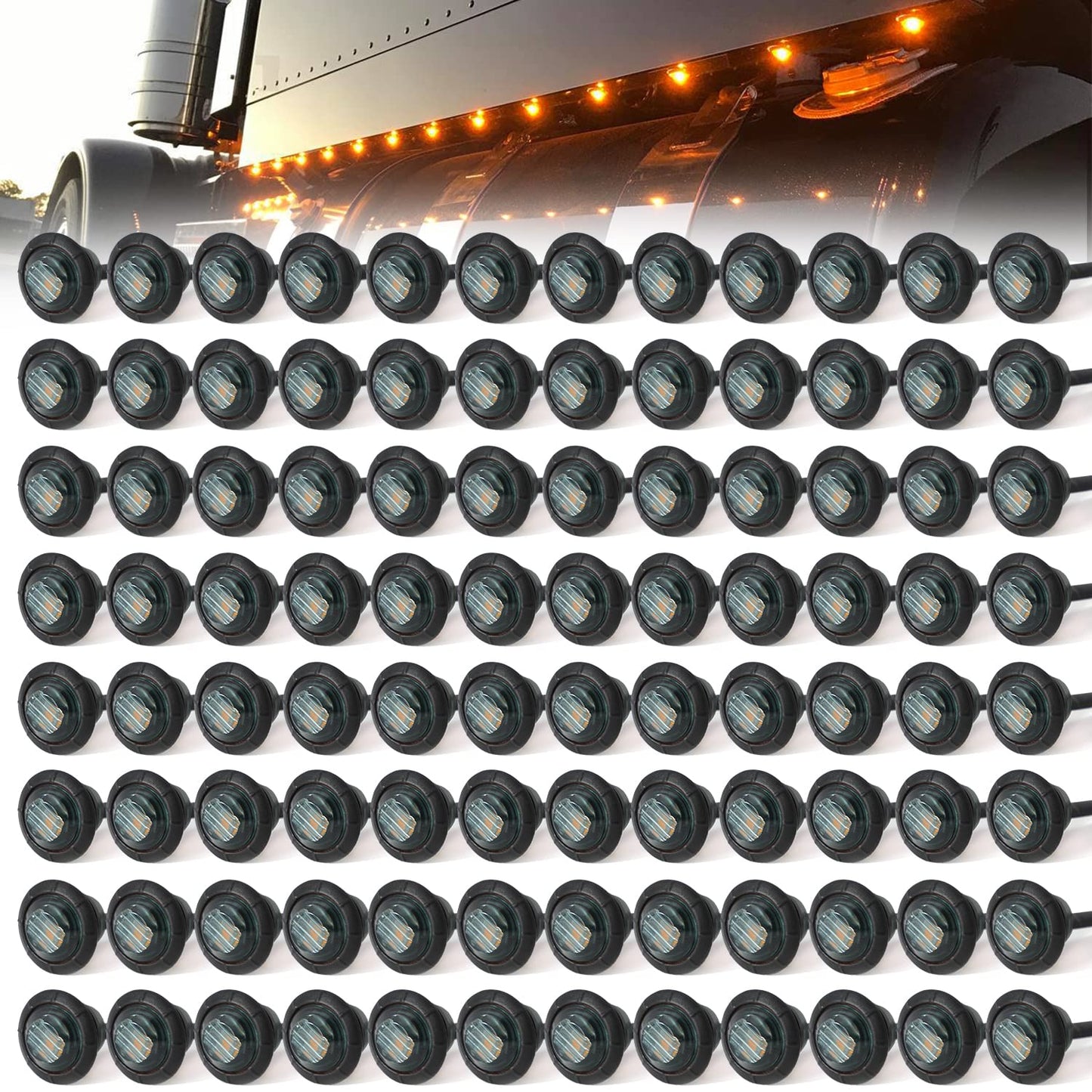 MADCATZ 100 PCS 3/4in Round LED Clearance Light for Trailer, Truck, RV - Smoked Lens Amber Light, 0.8 x 0.8 x 1 inches